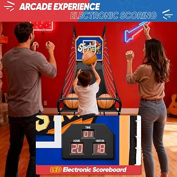 Electronic Arcade Basketball Game with Electronic Scoreboard, Foldable Indoor Single Basketball Shooting Game, 3 Balls & Pump, Blue Yellow
