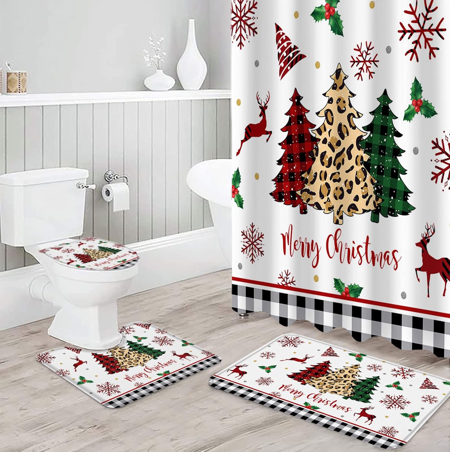 Amazon.com: 4 Pcs Bathroom Shower Curtain Set with Rugs Christmas Tree ...