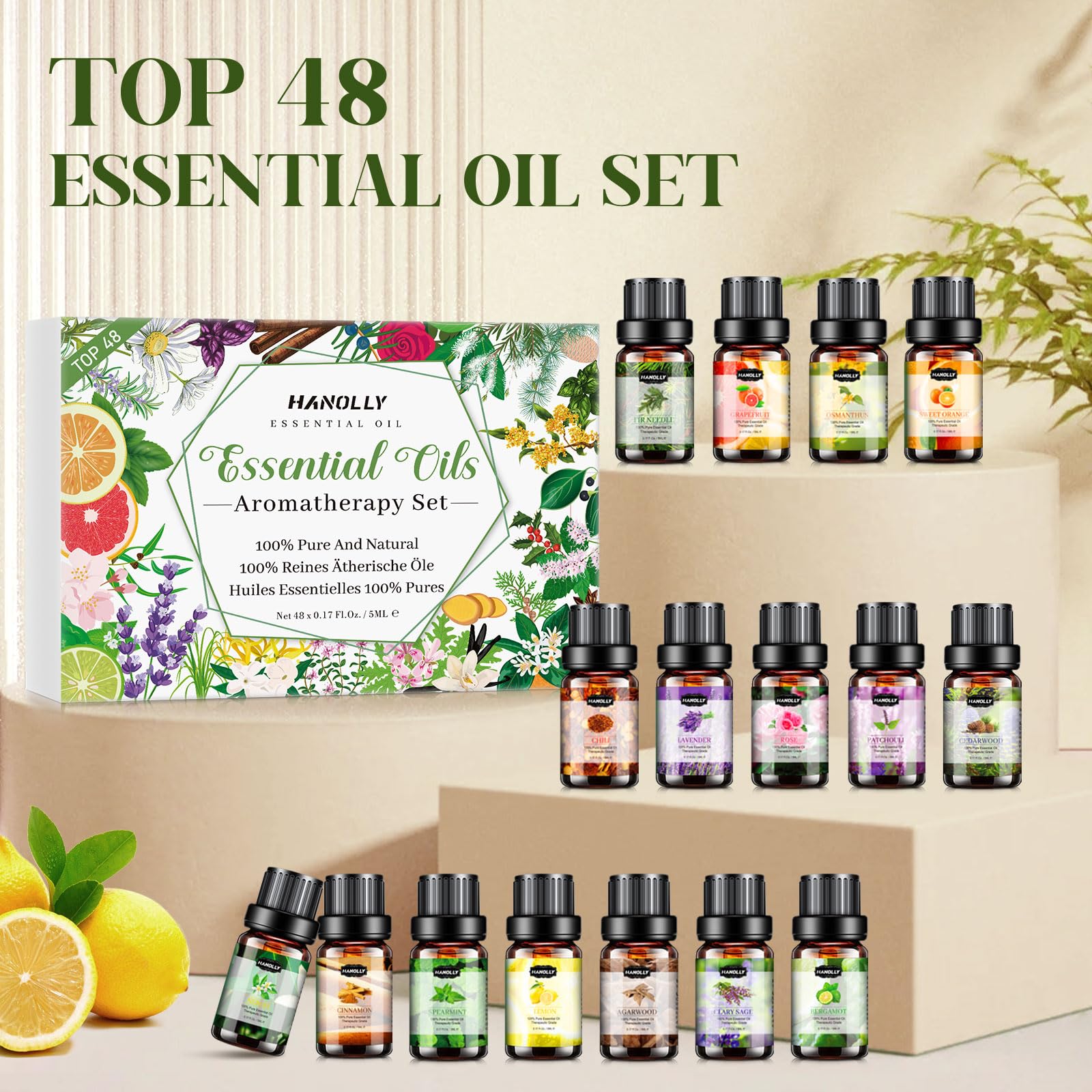 Huile Essentielle TOP 48 x 5ML, Huiles Essentielles Naturelle Pour Diffuseur, Massage, DIY Bougie - Lavande, Menthe, Eucalyptus, Orange Douce, Coco, Tea Tree, Citron, Cannelle, Rose, etc.