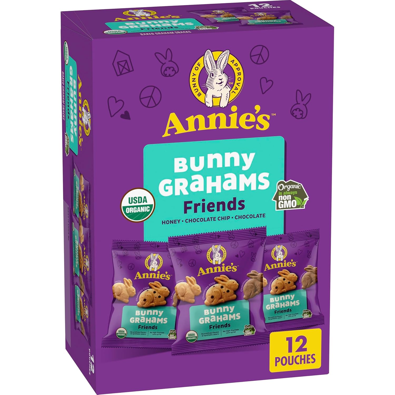 Annies Organic Friends Bunny Grahams Chocolate Chip Chocolate and Honey Baked Graham Snacks 12 Pouches 12 oz