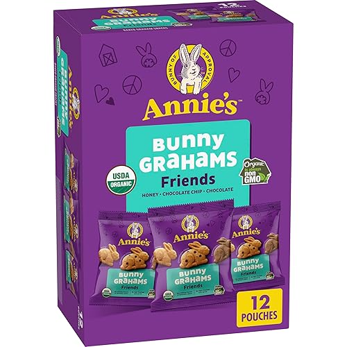 Annie's Organic Friends Bunny Grahams, bocadillos Graham horneados con chispas de chocolate, chocolate y miel, 12 bolsas, 12 onzas