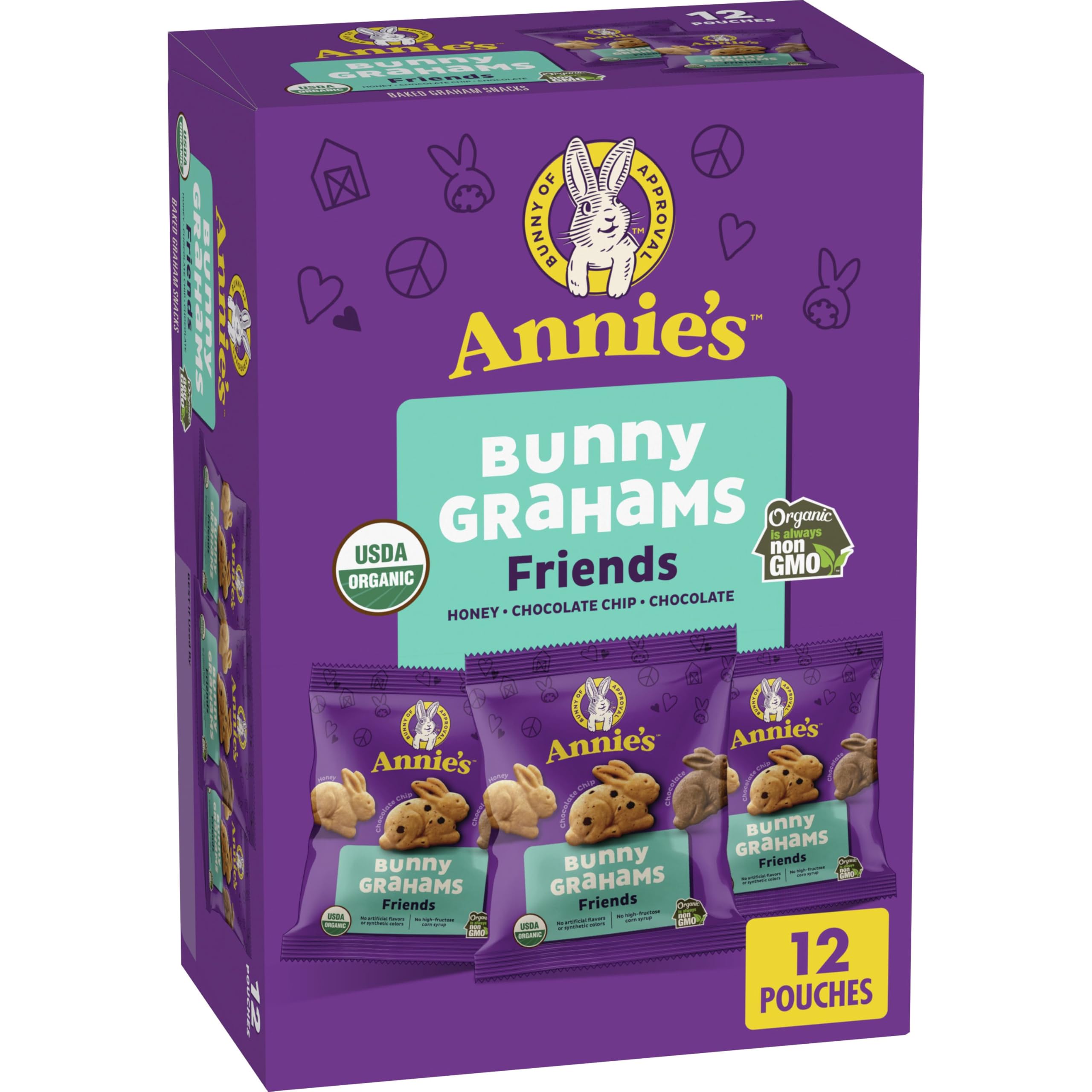 Annie's Organic Friends Bunny Grahams, Chocolate Chip, Chocolate, and Honey Baked Graham Snacks, 12 Pouches, 12 oz