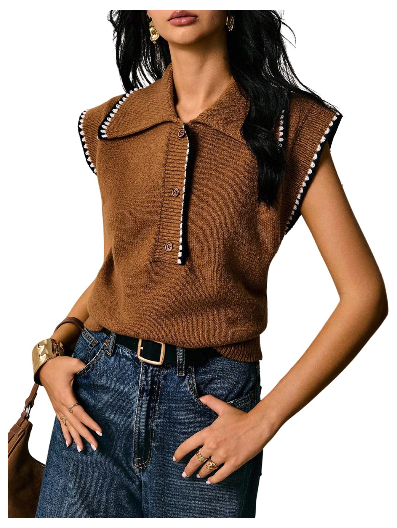 Floerns Womens Casual Knitted Sweater Vest Sleeveless Half Placket Pullover Tops