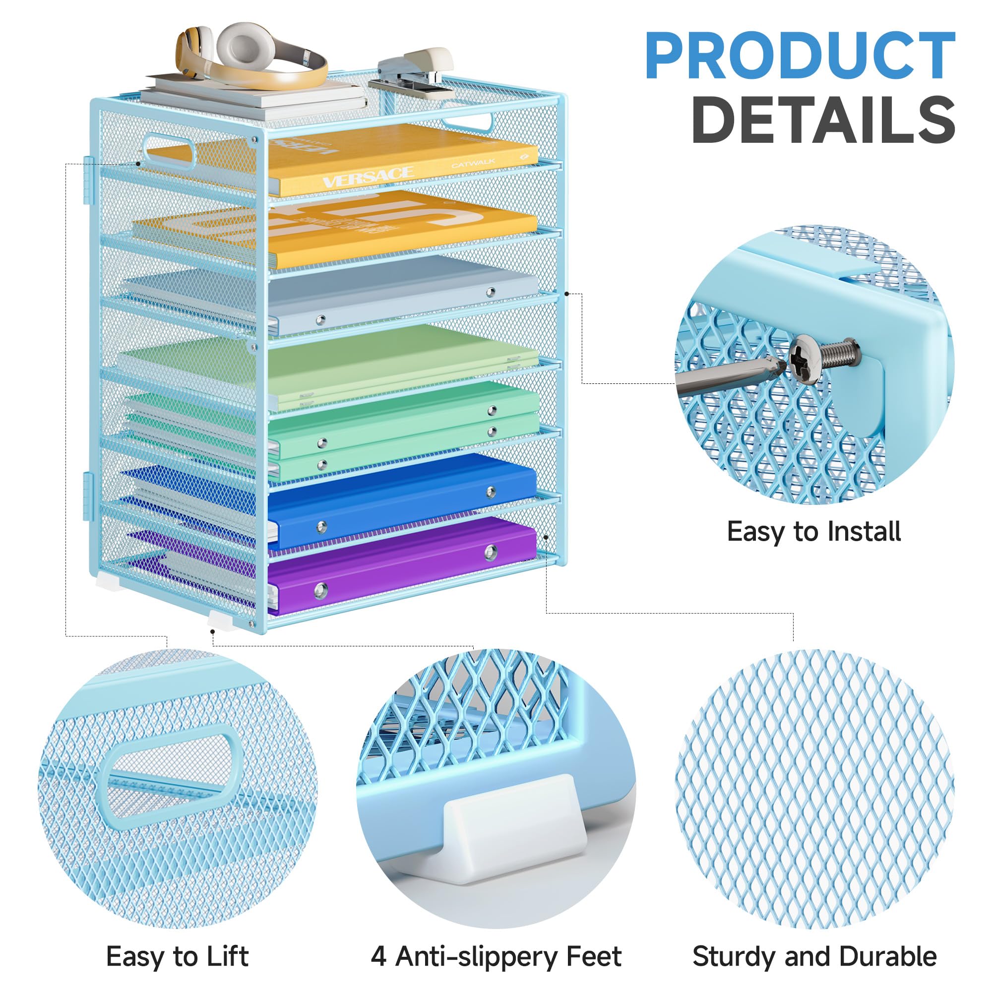 Marbrasse Schreibtisch Organizer Ablage,8-Tire Papierablage Ablagefächer Stapelbar Dokumentenablage,Metall Schreibtischorganizer für Briefablage,Ordner,Büromaterial,Home Office (Blau)