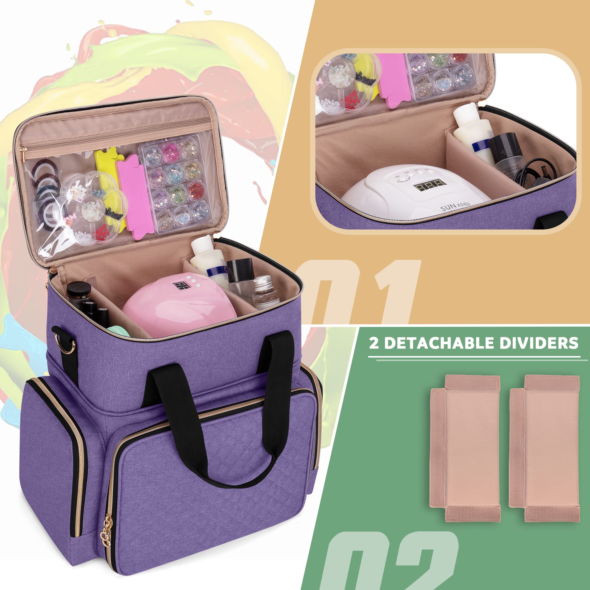 Luxja Organizer na lakier do paznokci mieści 70 butelek i lampę do paznokci, etui na lakier do paznokci z 2 wyjmowanymi torbami i kieszeniami na narzędzia (zgłoszony do opatentowania), Fioletowy,