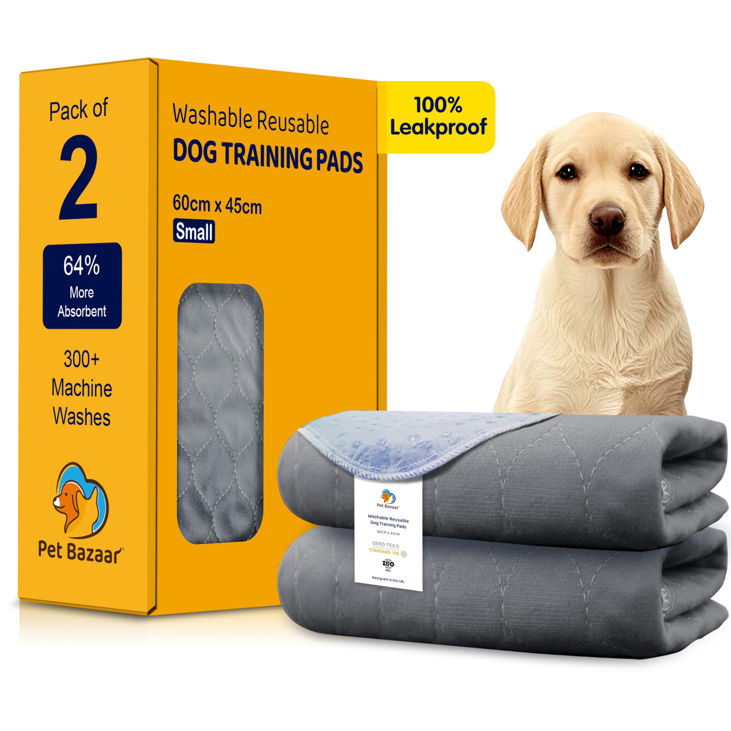 Pet Bazaar Grey Washable Puppy Pads - Reusable Dog Pee Pads, Waterproof Non Slip Training Mats For Small Dogs, Crates, Travel, House Training, Incontinence, Puppies, Cats, Rabbits, 60 X 45Cm