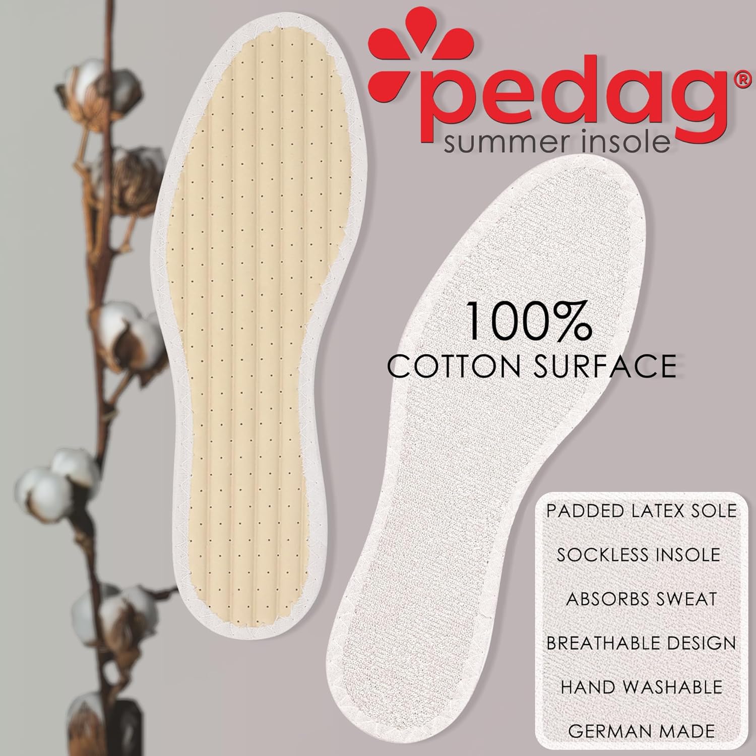 Pedag Summer, Pure Terry Cotton Insoles, Handmade in Germany, Absorbs Sweat & Controls Odor, Ideal for Wear Without Socks, Washable