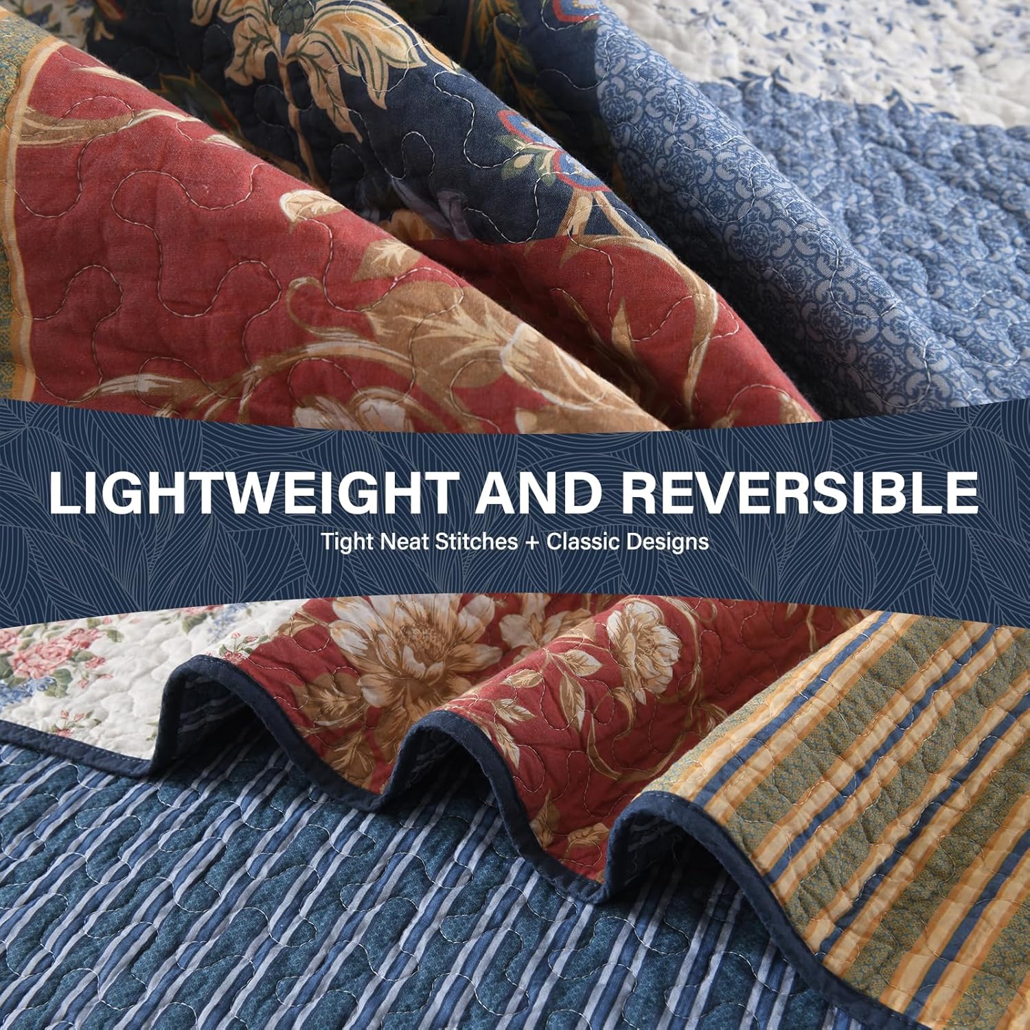 Uniclinens 100% Cotton Quilts Queen Size - Vintage Cottage Patchwork Floral Plaid Reversible Quilt Bedding Set Coverlet Bedspread, 3 Piece Lightweight Comforter for All Season, Navy/Red/Blue/Yellow