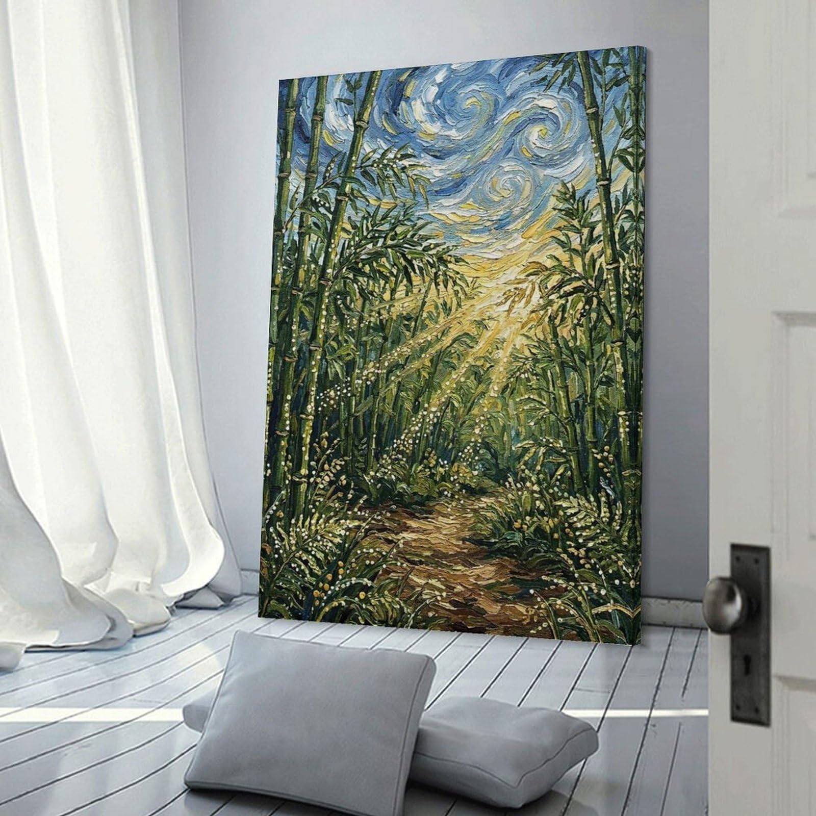 Junmoney Wall Art Print Bamboo Forest Path with Starry Sky, 24x36inch(60x90cm), for Hallway, Bedroom Or Modern Interiors, Thoughtful Wall Decor for Art Lovers