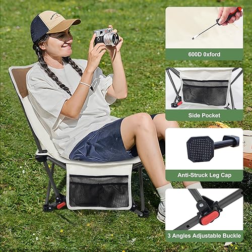 Miniatura 5 de Paquete de 2 sillas compactas de campamento con respaldo ajustable y bolsillo lateral, sillas plegables bajas para adultos, sillas reclinables
