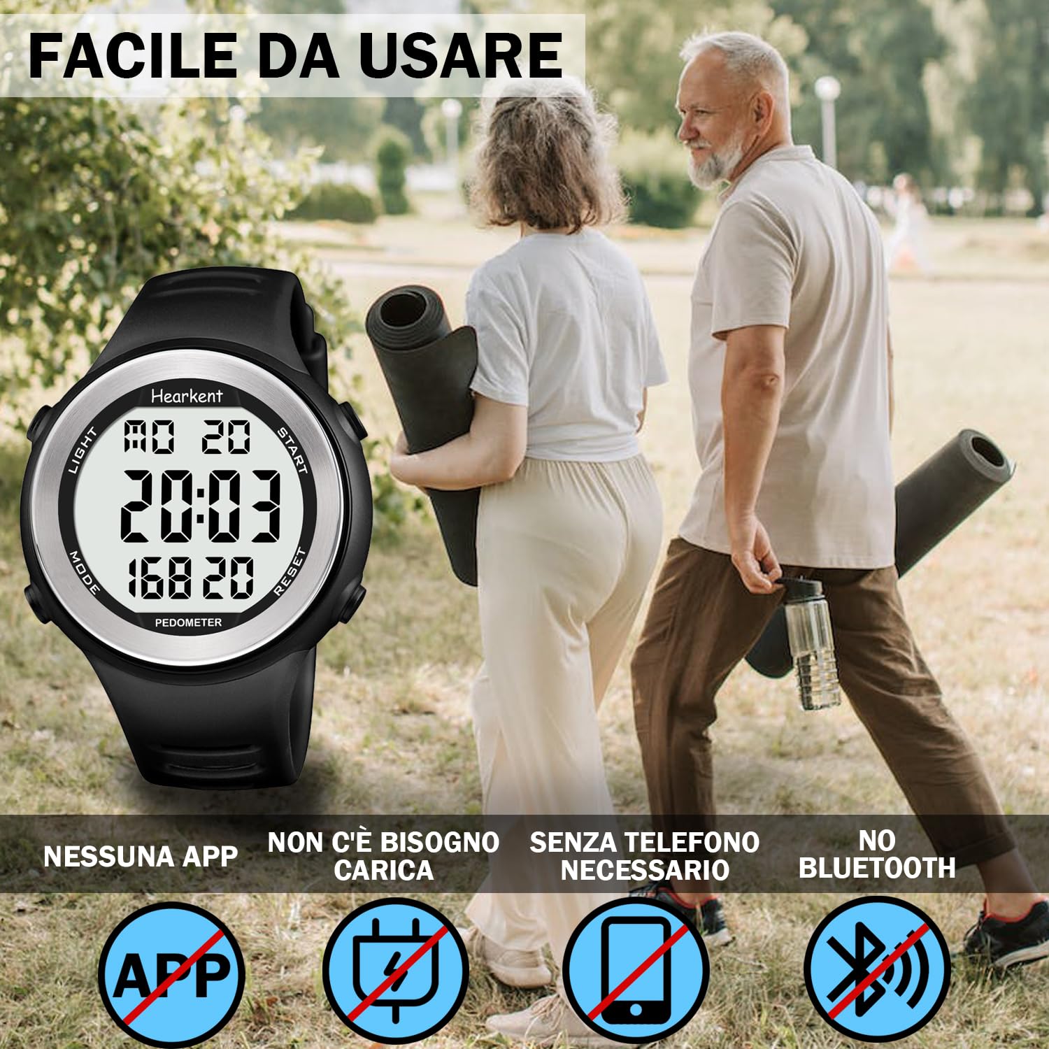 Hearkent Orologio sportivo con contapassi, nessuna ricarica richiesta, nessuna app, funzioni ricche ma semplice da usare, IT-2308 (nero)