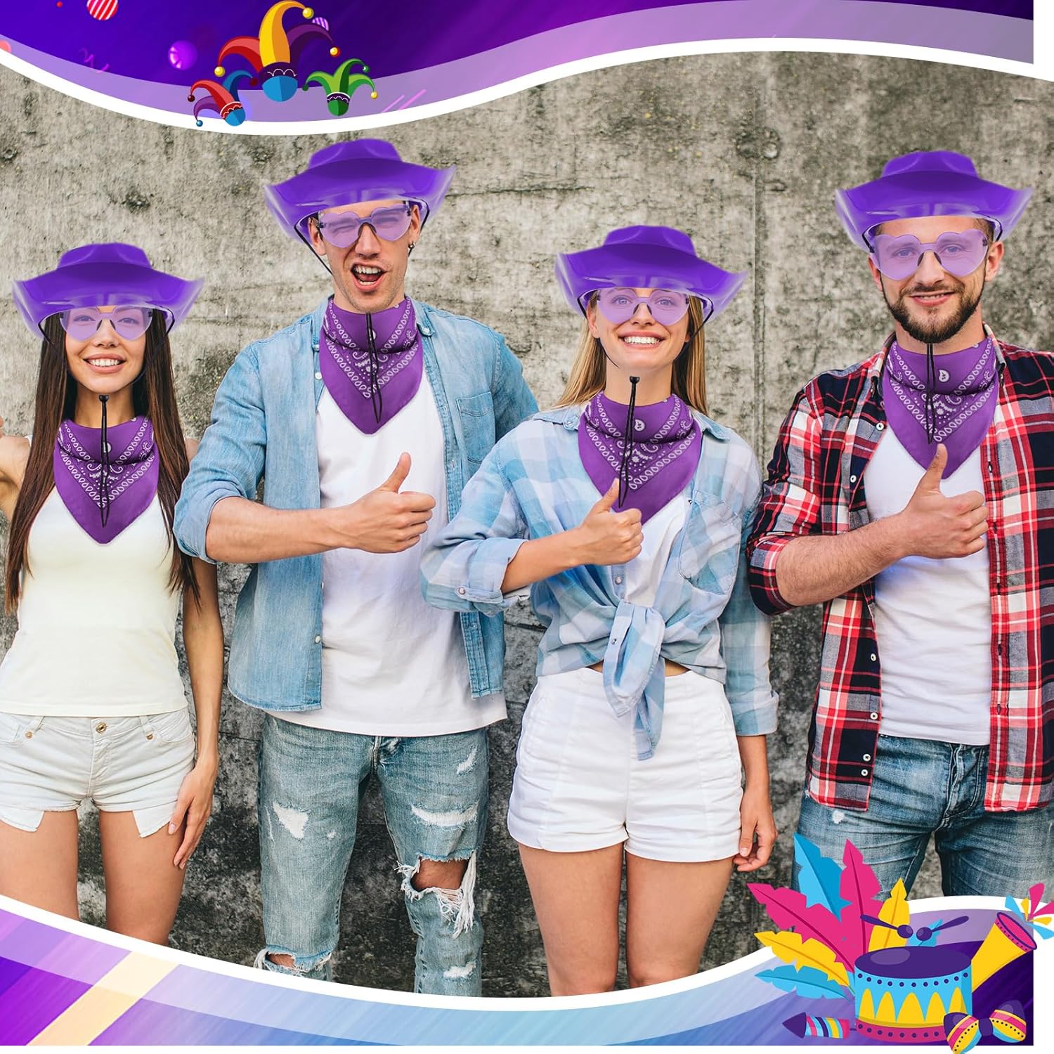 Newcotte 18 Pcs Western Cowboy Plastic Hat Set Include 6 Hats 6 Paisley Bandanas 6 Pairs Heart Glasses for Party - Image 7