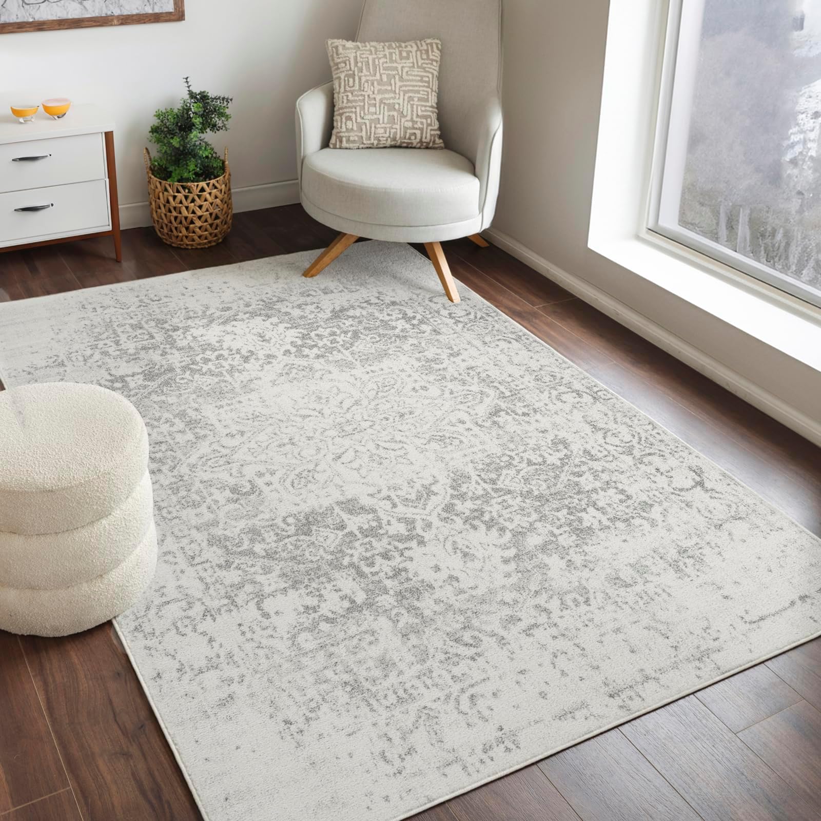 Livabliss Juliette Syracusa Vintage 160x220 cm - Scandi Neutral Boho Style with Traditional Pattern, Natural Easy Care Pile, Large Bohemian Carpet in Grey and Beige
