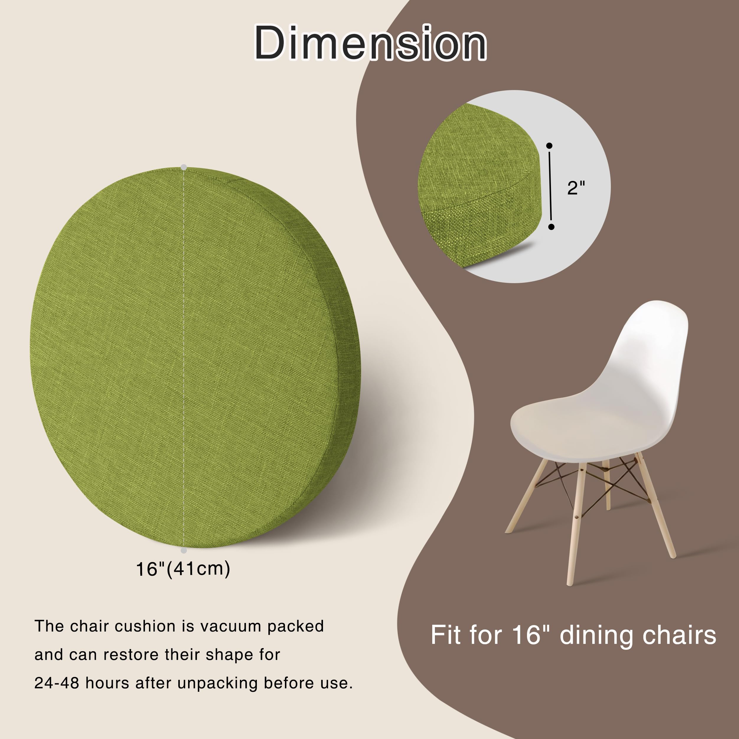 OVOV Round Chair Cushions for Dining Chairs 2 Pack Extra Thick Seat Cushion Circle Chair Pads with Removable Cover and Non Slip Bottom Green (16x16 Inch) - Image 2