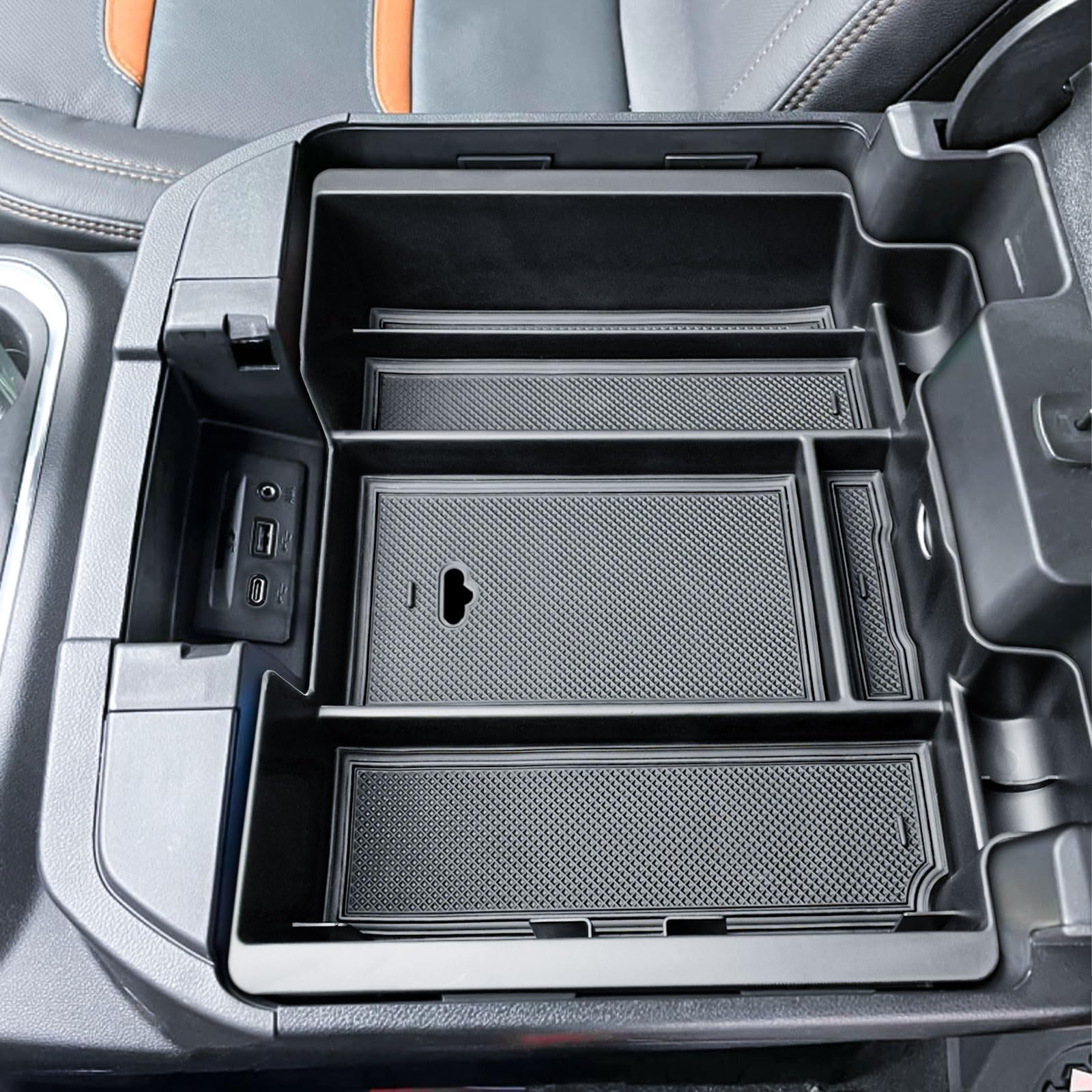 Center Console Organizer Compatible with 2019-2022 Chevy Silverado/Sierra 1500 and 2020-2023 Silverado/Sierra 2500HD 3500HD Accessories Armrest Full Size Tray,Full Console w/Bucket Seats ONLY,Black