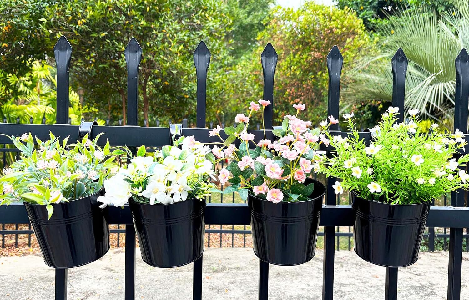 6 Pcs Black Railing Planter, 6 Inch Metal Hanging Planters for Outside Balcony Rails Fence with Detachable Hooks, Flower Pots Outside for Garden Patio (Black, Pack of 6)