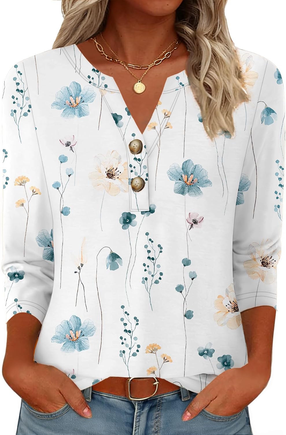 GKBK Womens Tops 3/4 Sleeve V Neck Button Down Henley Shirts Business Casual Outfit Basic Tees Summer Top 2026