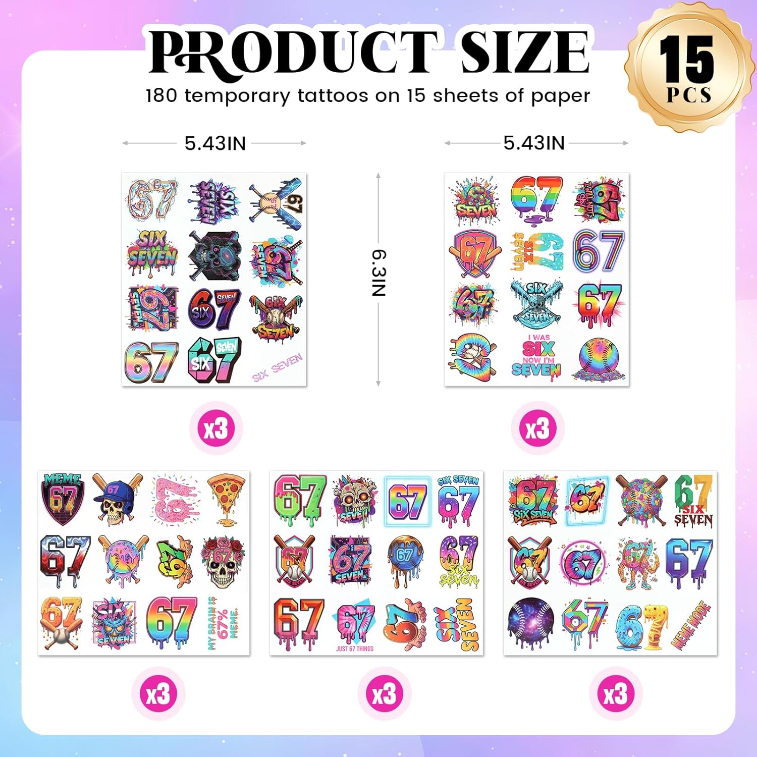 180PCS - 6 7 Temporary Tattoos, 6 7 Birthday Decorations, 67 Valentines Gift, Drip Baseball Temporary Tattoos, Ice Cream Drip Party Decorations, Baseball Drip Party Gift 15 Sheets 60 Styles - Image 3