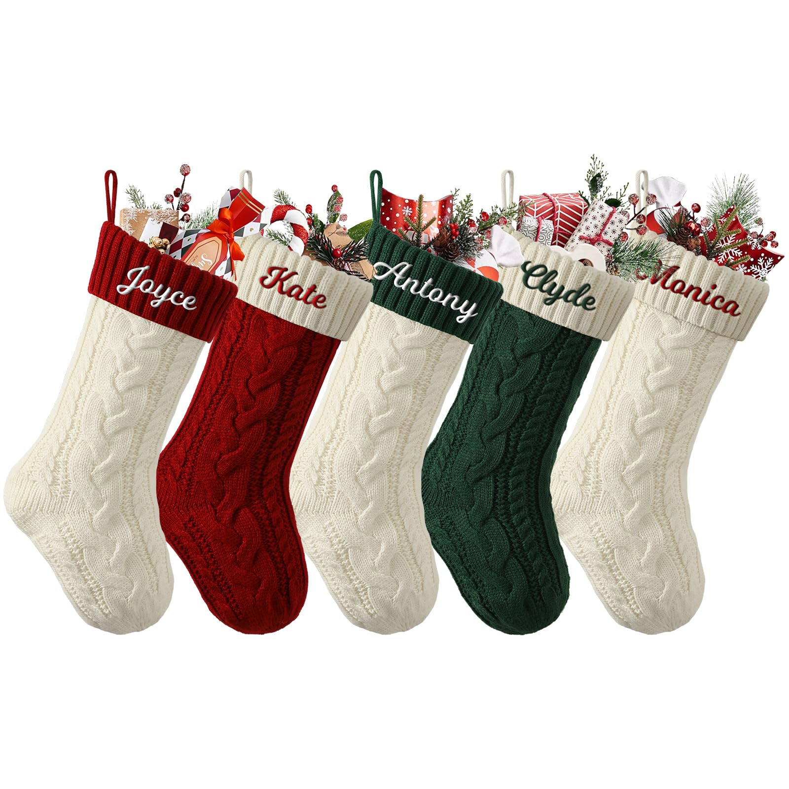 bolukets Personalised Christmas Stockings with Christmas Cards, Custom Embroidered Name Monogram 18" Large Knit Christmas Stocking for Family 5PCS — image 1