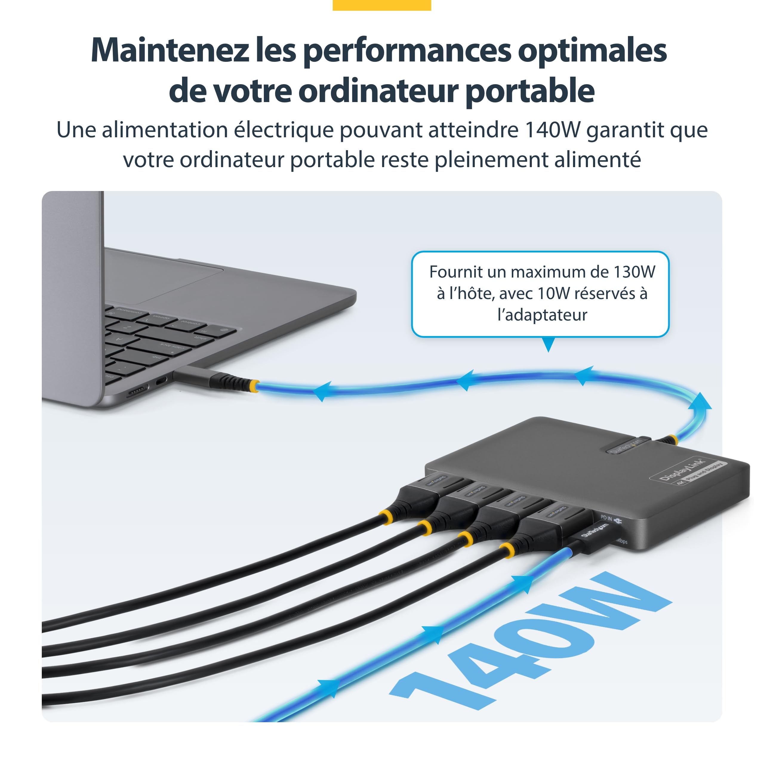 StarTech Dock USB-C vers 4 DisplayPort, Station de Travail, 4K 60Hz, 120Hz | Station d'accueil dock, PD 140W passthrough, DisplayLink DL7400, USB4, Thunderbolt, Mac M1 à M5