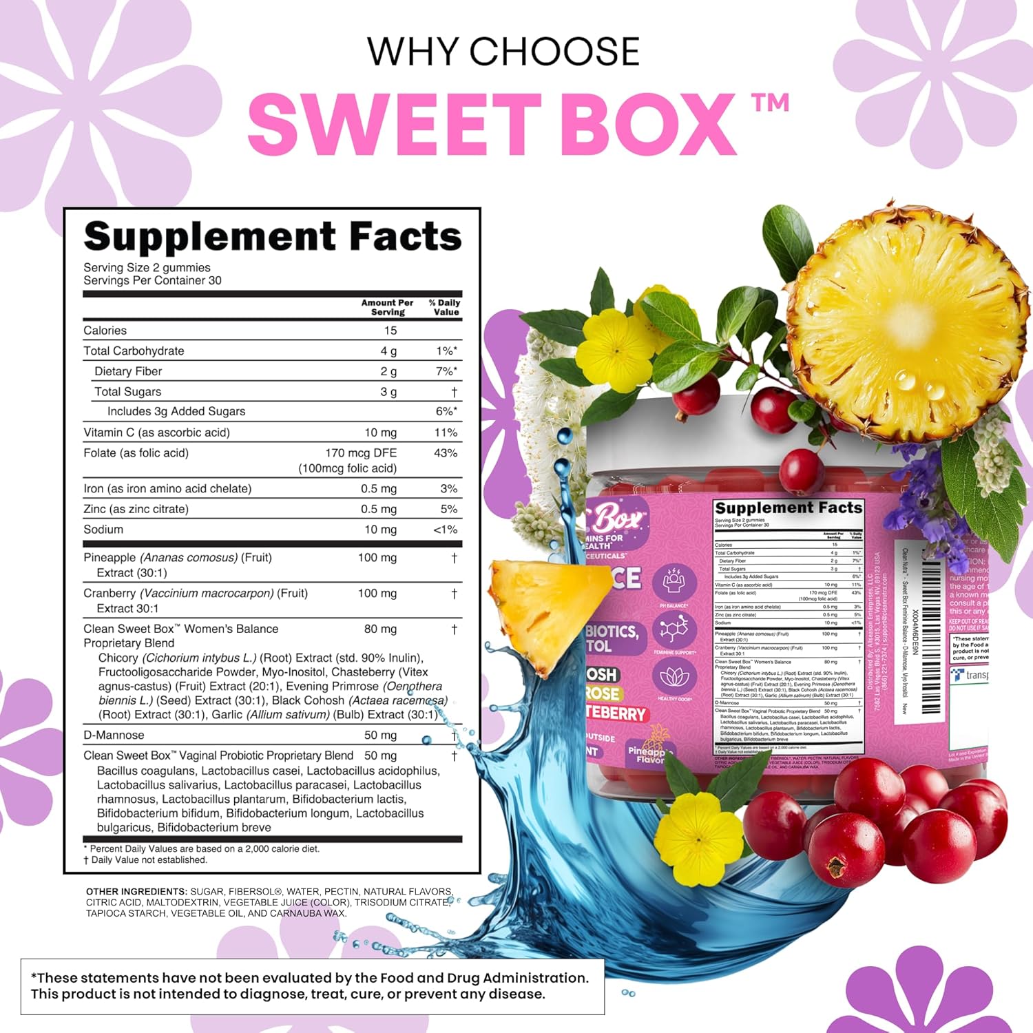 Clean Nutra Feminine Balance Gummies for Women Pineapple VaginalProbiotics pH Balance Cranberry D Mannose Supplement Inositol Black Cohosh Evening Primrose Garlic Vitex GLA Prebiotics Folate 60ct - Image 4