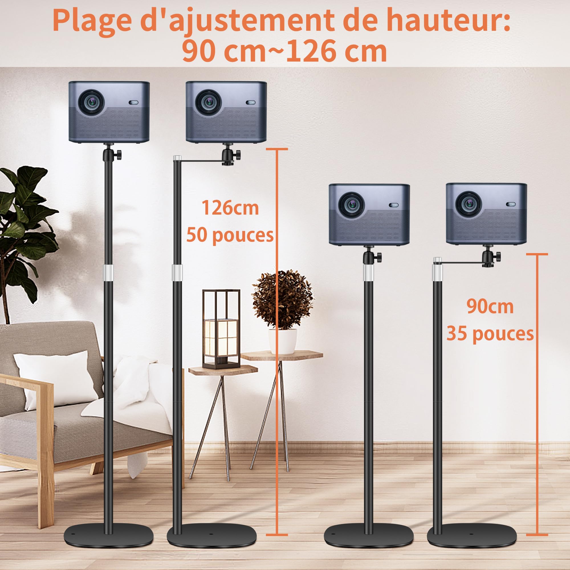 Support de Projecteur en métal, Hauteur réglable de 90 à 126cm avec Rotation d'angle à 360°, Peu encombrant, Supporte jusqu'à 5 kg, Compatible avec Projecteur, Appareils Photo et Plus Encore