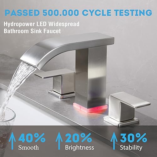 Miniatura 10 de Grifos de baño de cascada de oro cepillado, grifo de fregadero moderno generalizado de 8 pulgadas, toque en 3 agujeros y 2 manijas de tocador, grifo