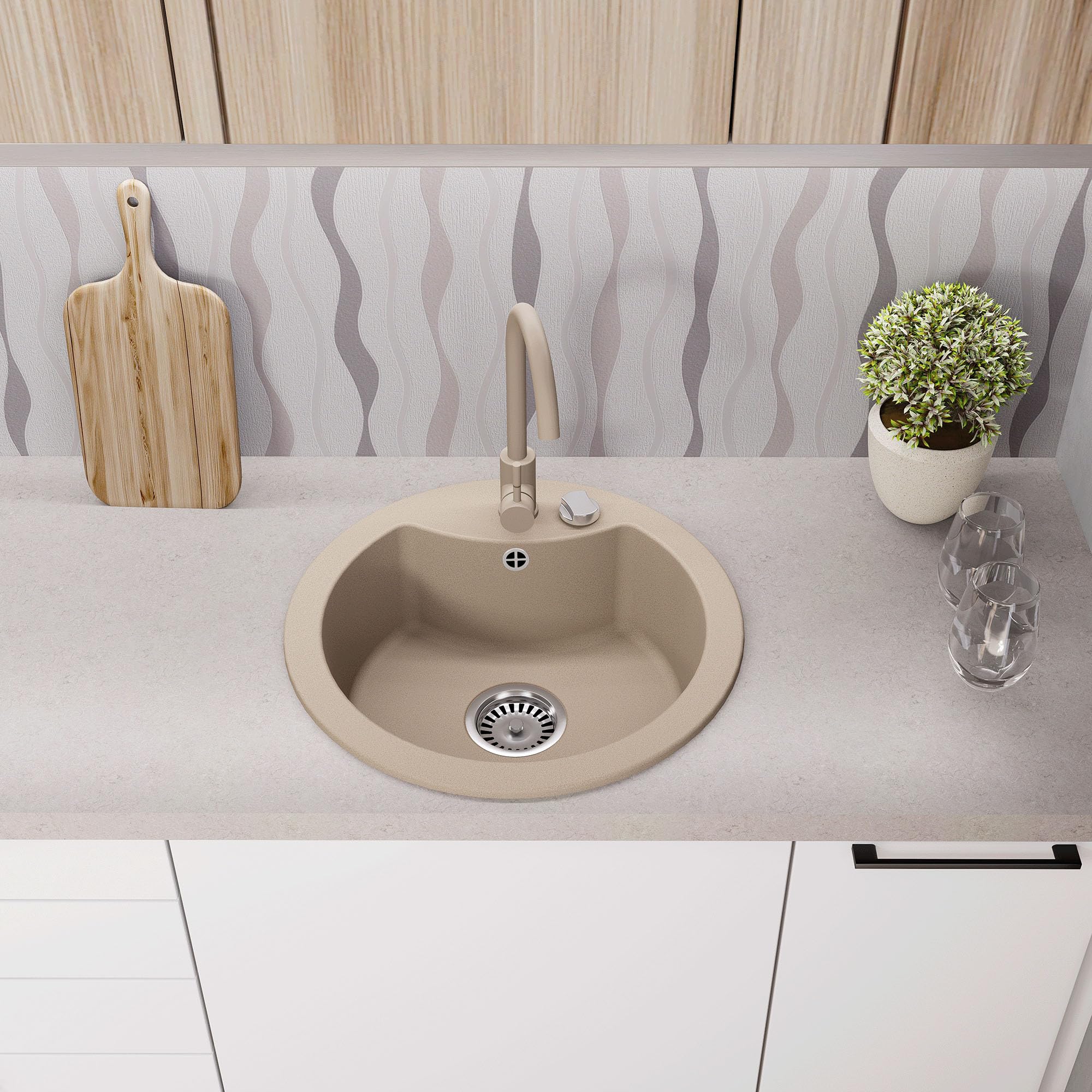Faizee Home | Granitspüle Vela Ø 49 cm – Stilvolle Eleganz inkl. passender Armatur | Spülbecken für Unterschrank ab 45 cm | Robust & pflegeleicht (Beige)