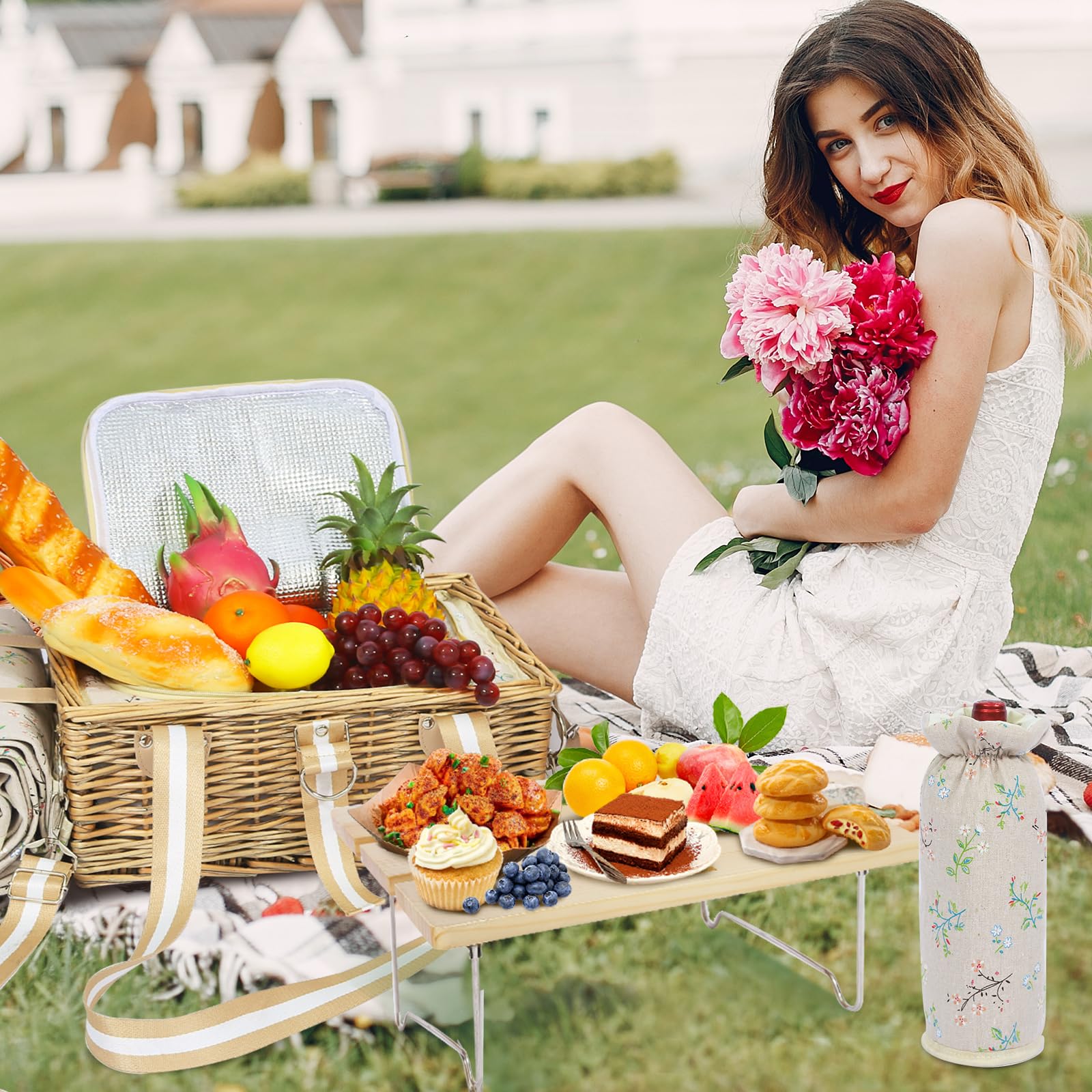 Picknickkorb-Set mit Klapptisch und Besteck-Set, Picknickkorb für 4 Personen mit kühltaschen, Flechtkorb mit Henkel, Weidenkorb Geschenkset für Picknick Camping Outdoor Party