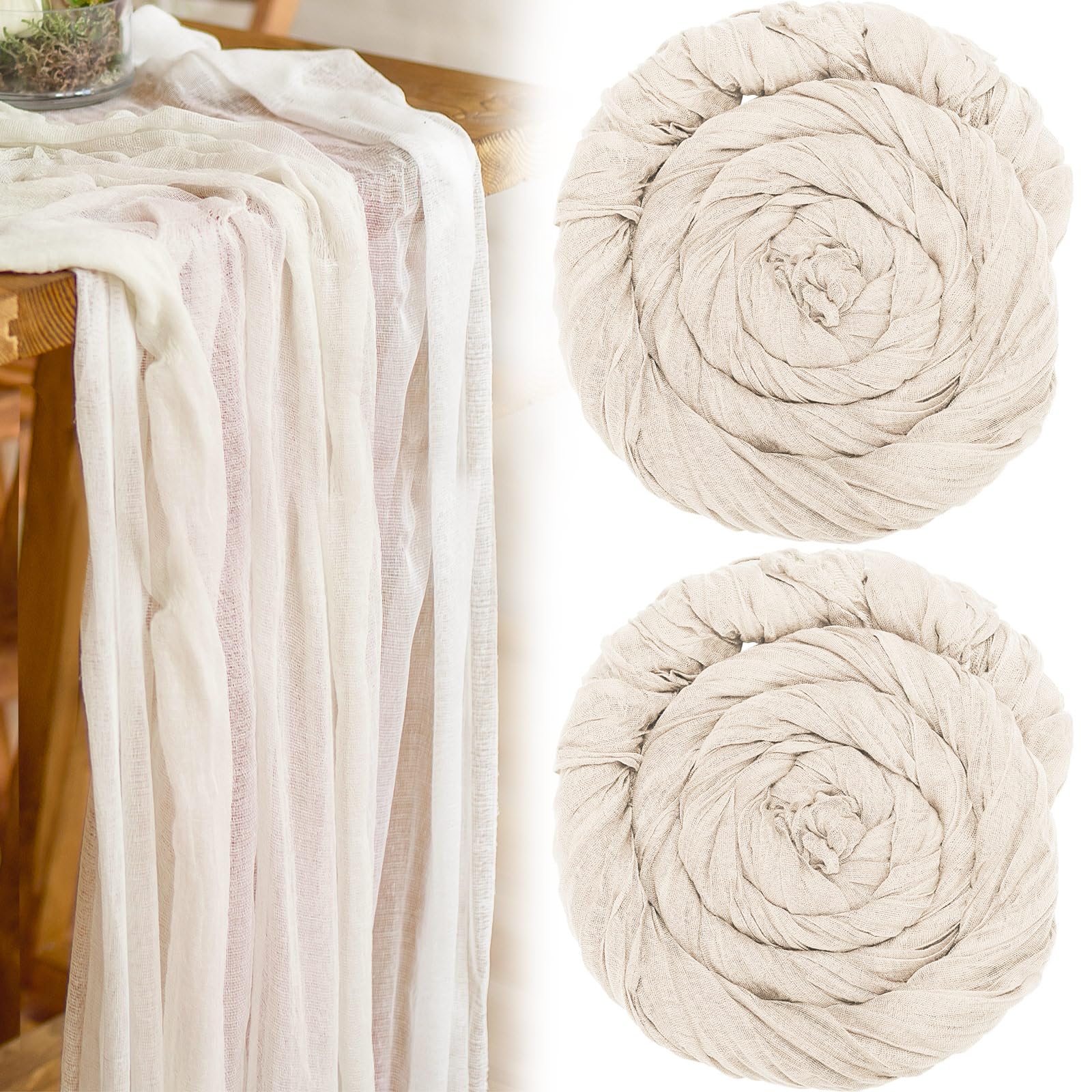 Photo 1 of 2 Pcs Cheesecloth Table Runner 35 Inch Boho Gauze Table Runner Sheer Rustic Gauze Table Cloth Party Decorations for Wedding Reception Bridal Shower Birthday Table Decor (Beige, 16.4 ft) Beige 16.4 ft