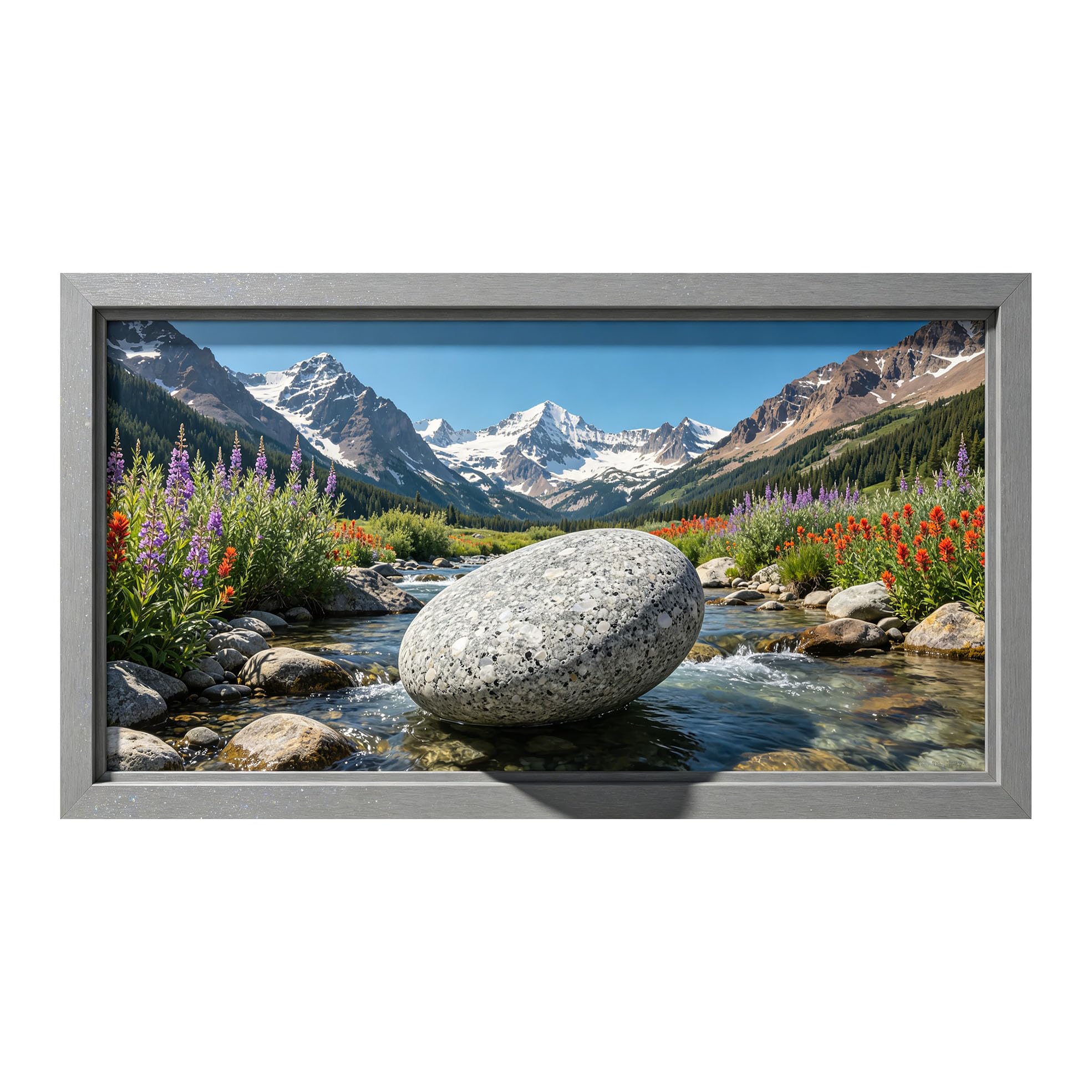 Yzpallescene 3D Framed Wall Art 50cm×100cm Snow Mountain Meadow River Panoramic View Realistic Landscape Large Size SelfAdhesive Removable Wall Decor Prints Artwork for Living Room Bedroom Office