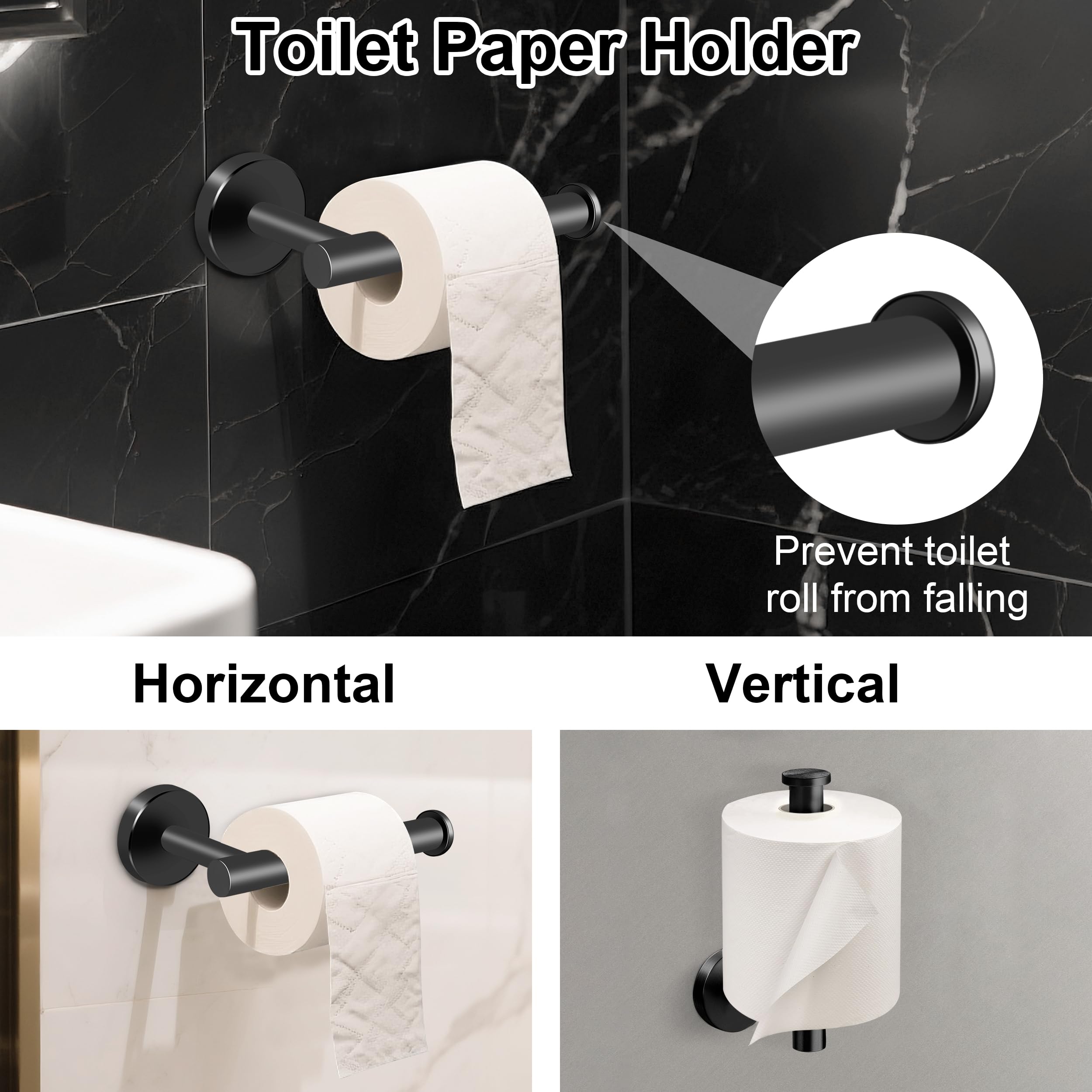 Juego de Toallero de Baño Juego de Herrajes de Baño de Acero Inoxidable Ganchos para Bata para Baño y Cocina 5 Piezas (Negro)