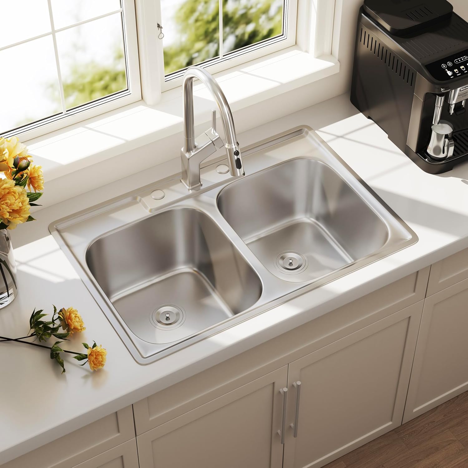 33x22 Drop In Double Bowl Kitchen Sink 33 Inch 50/50 Topmount 18 Gauge Stainless Steel Commercial Grade Satin Finish Sinks with Basket Strainer 33" x 22" x 9" product image