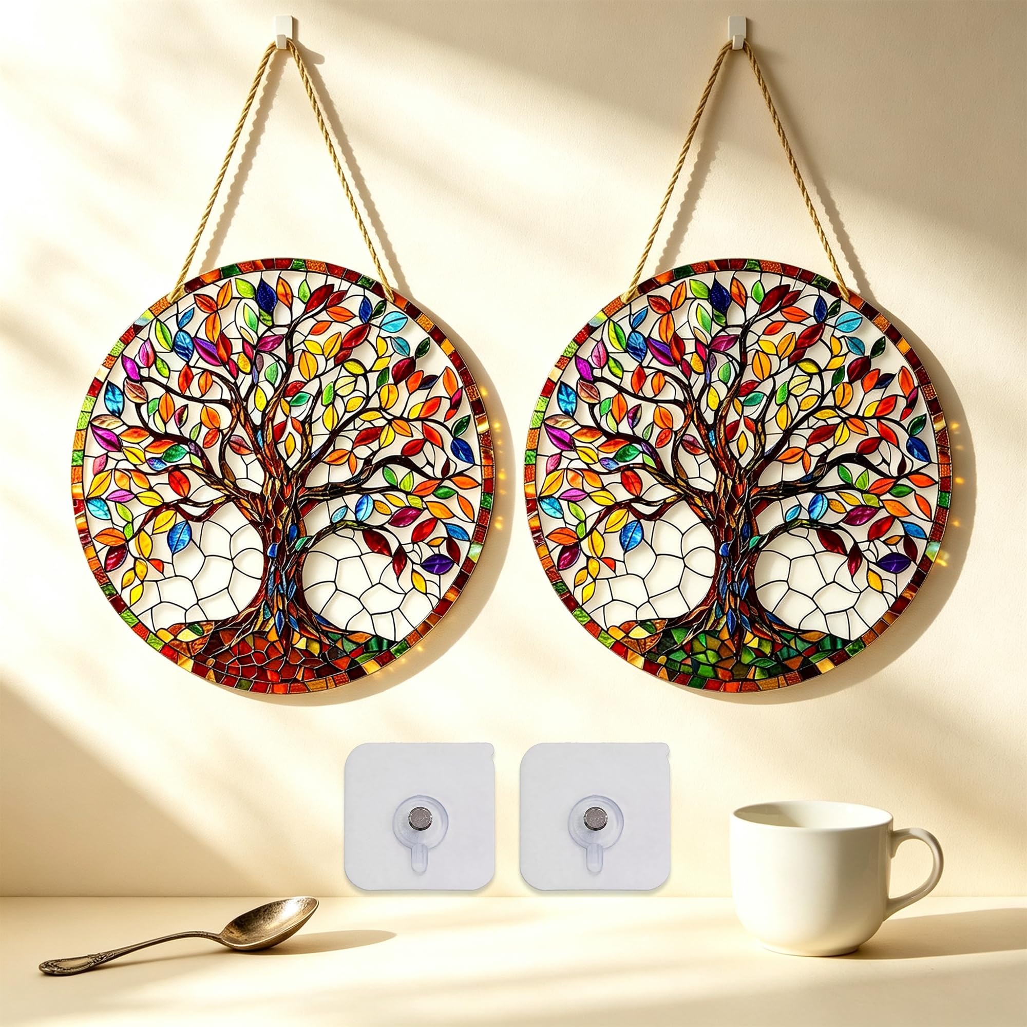 Minwegi Mixed Color 2 Pack Tree Of Life Sun Catcher - Stained Glass Wall Art For Garden, Window, Home Decor - Acrylic Hanging Ornaments With No Damage Adhesive Stickers (20X20cm)