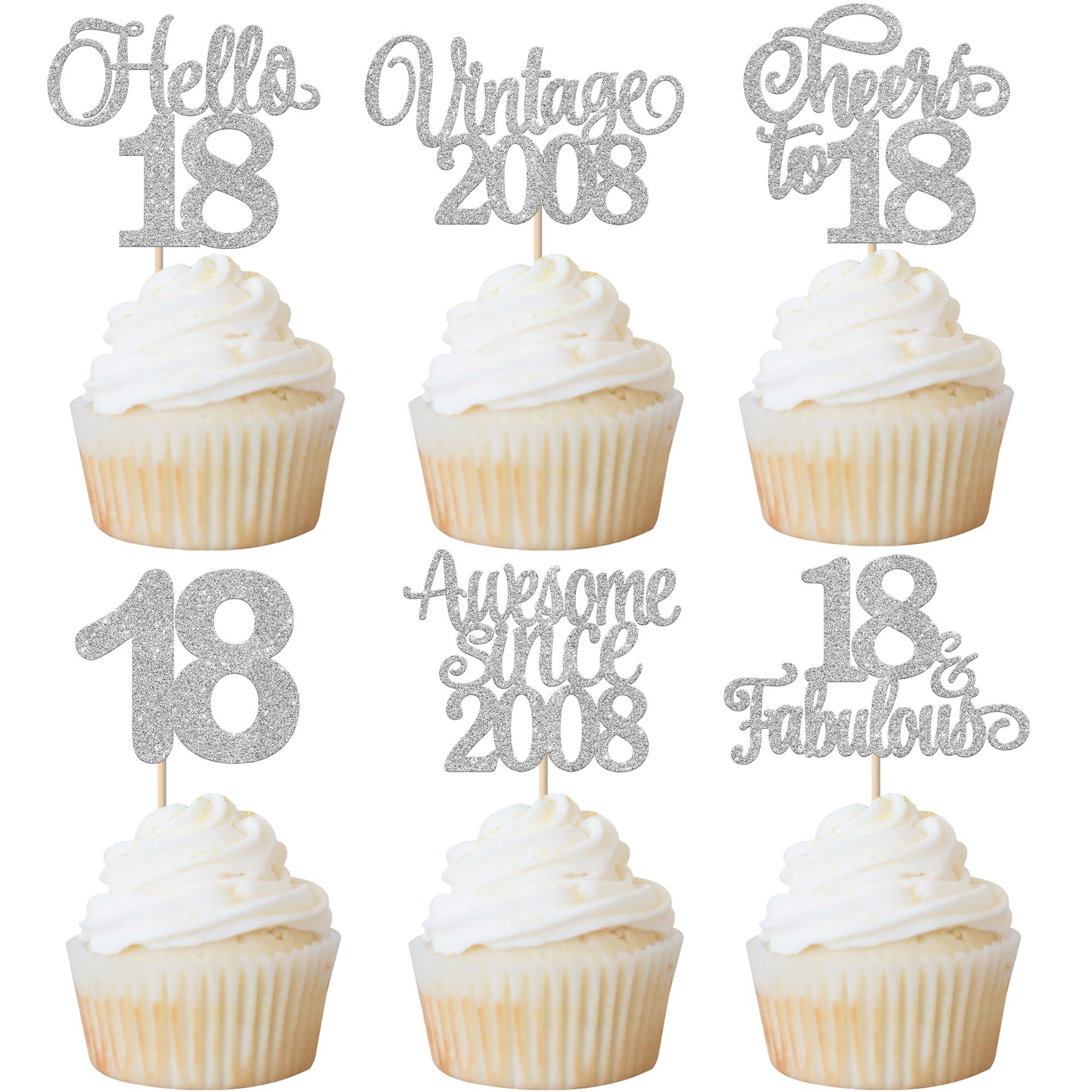 Xsstarmi 24 Pack Vintage 2008 Cupcake Toppers Glitter Silver Hello 18 Fabulous Eighteen Cupcake Picks Cheers to 18 Years Birthday Cake Decorations for Happy 18th Birthday Anniversary Party Supplies