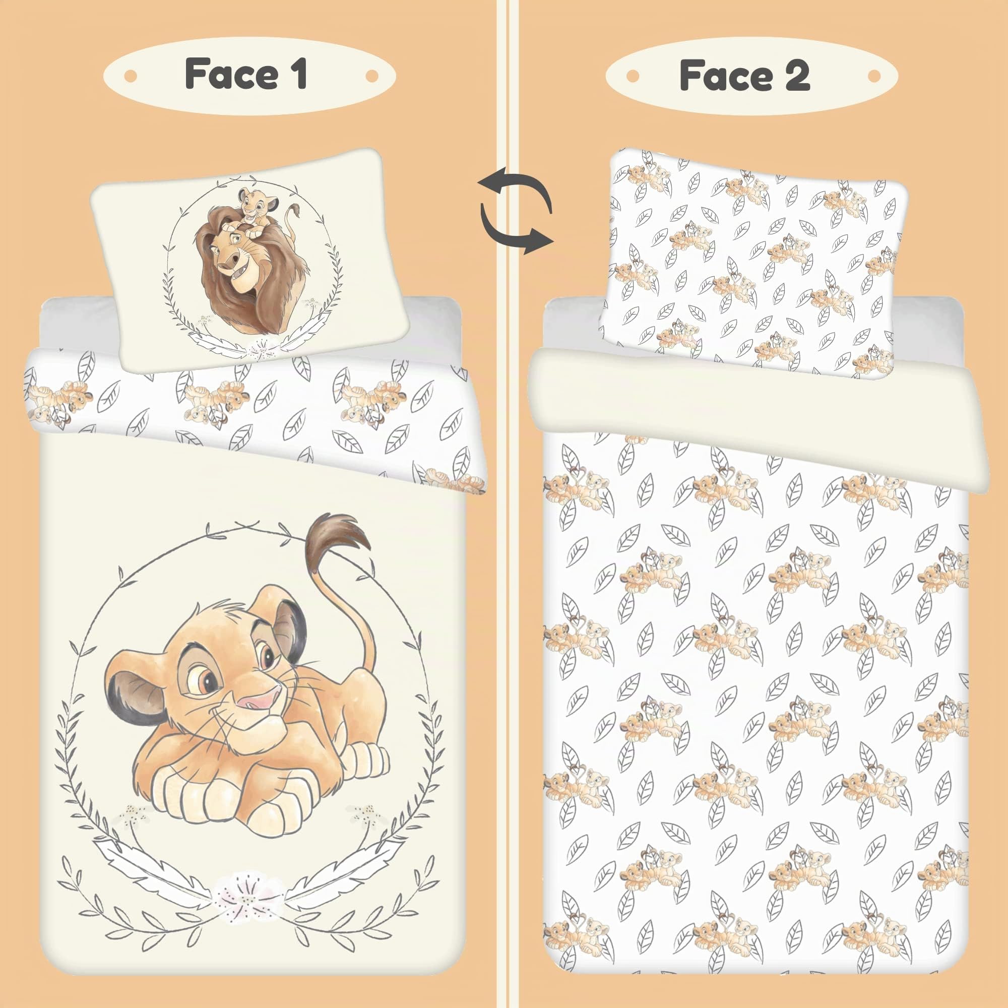 Housse de couette bebe Simba Le roi Lion 100x135 cm avec taie d'oreiller 40x60 cm | Linge/Parure de lit bébé idéal pour les lits de 60x120 cm jusqu'à 70x140 cm | pour les Tout Petits 100% coton