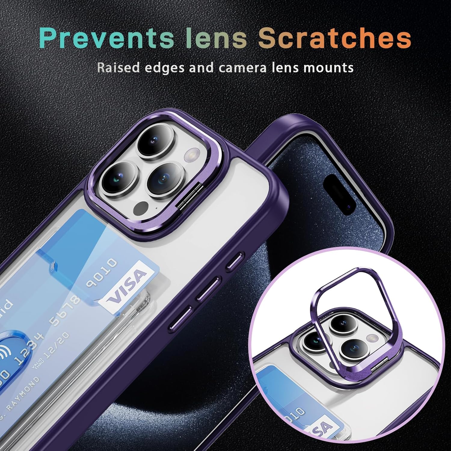 Wallet Clear Case for iPhone 15 Pro Max 6.7 inch with Card Holder Built-in Camera Ring Stand Military-Grade Protection Kickstand Cover Purple - Image 5