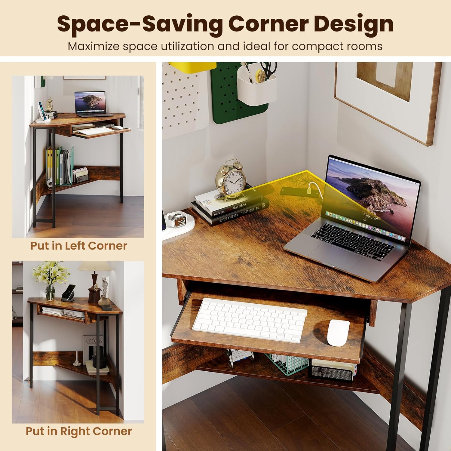GOFLAME Corner Desk, Triangle Computer Desk with Keyboard Tray & Storage Shelf, Home Office Desk with Built-in Power Outlet, Industrial Writing Desk, Heavy-duty Space-saving PC Laptop Desk Workstation