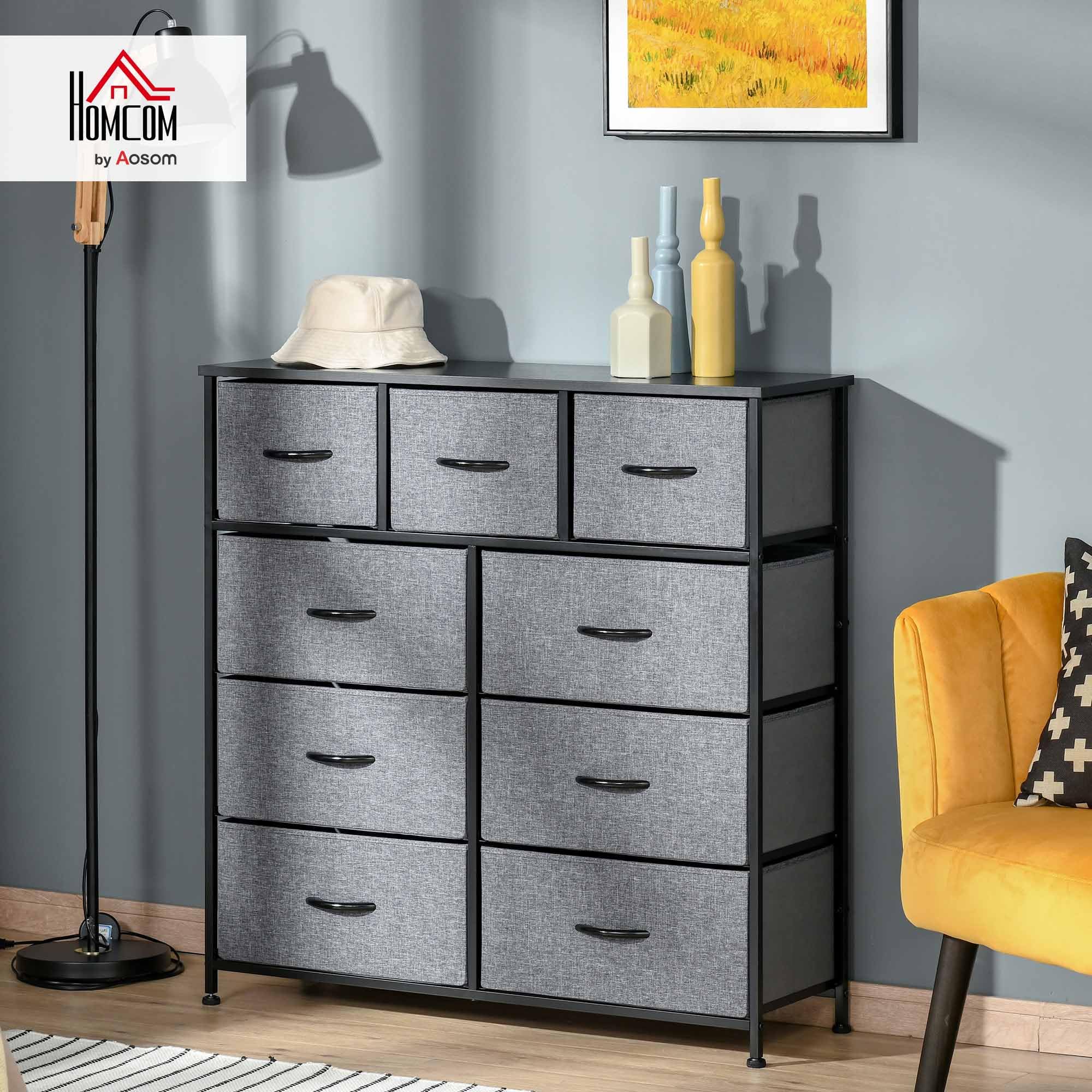 HOMCOM Commode Opbergkast, 100 x 30 x 54 cm, 5 laden, vliesstof, grijs, structuur, staal, wit, licht hout