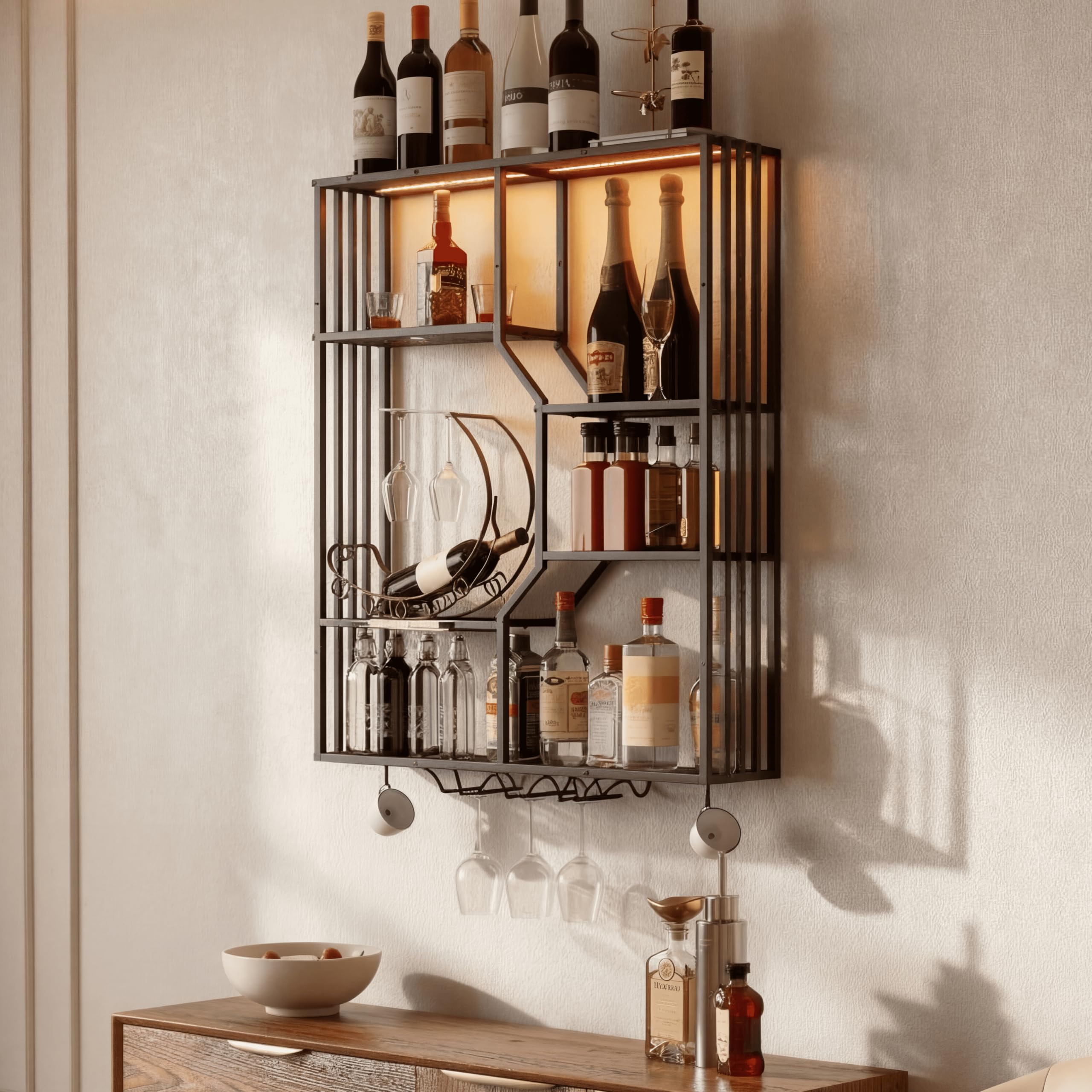 YOURLITE Weinregal Wand mit LED-Beleuchtung Metall,Bar Regal mit Glashalter,Wandmontage Wine Display-Ständer,3 Ebenen Weinregal,Beidseitig Montierbar