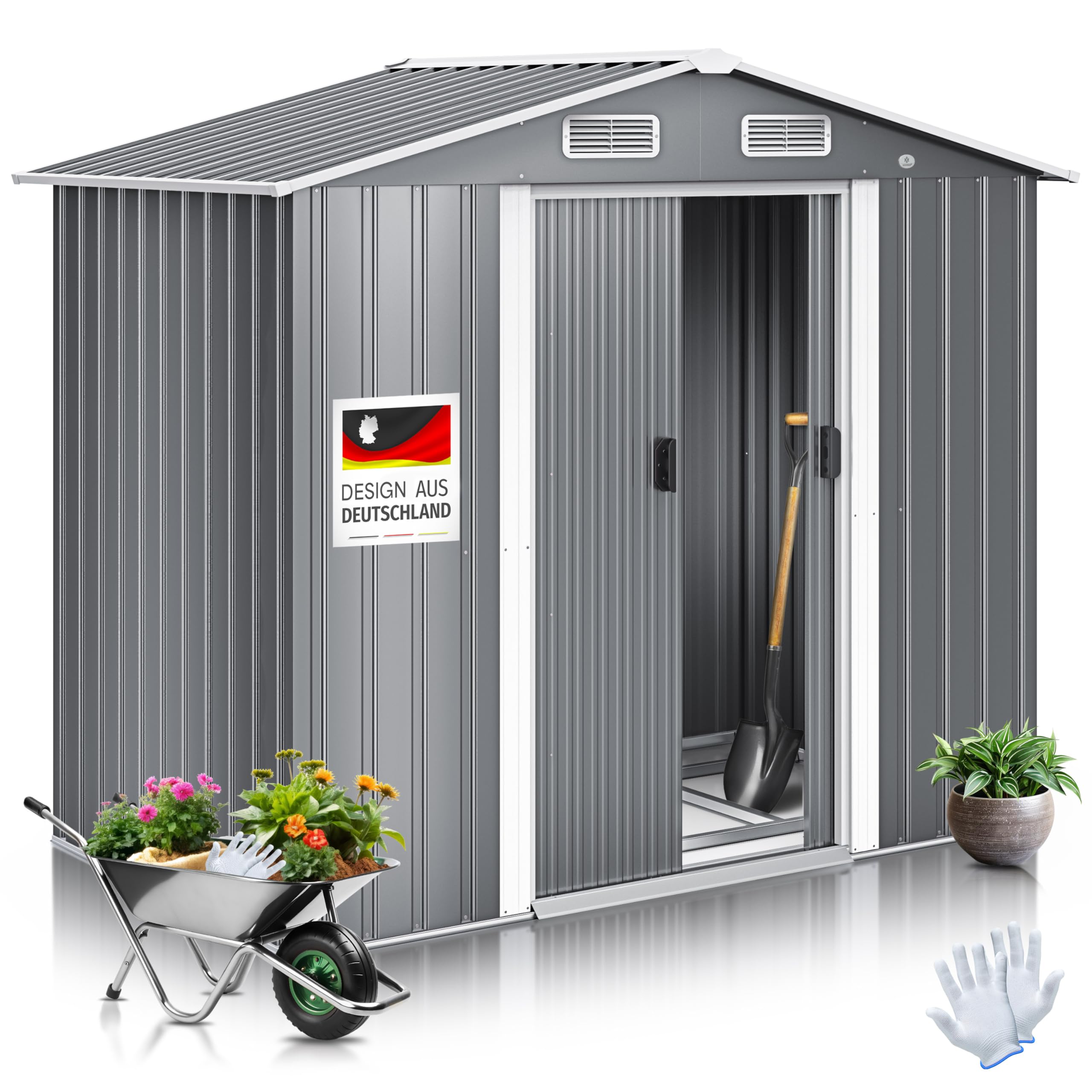 KESSER® XL Metall Gerätehaus 4,2m³ mit Fundament | Inkl. Arbeitshandschuhe | 195x131x186cm | 2X Schiebetür & Fundament | Geräteschuppen | Gartenhaus Schrank | Satteldachdach Garten Schuppen Grau