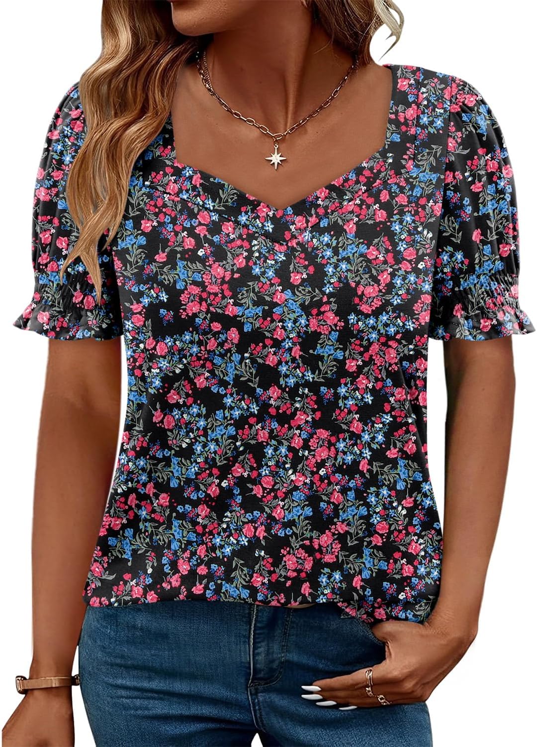 CRAZY GRID Womens Trendy Summer Tops Puff Sleeve Loose Fit Shirts Dressy Casual Blouses