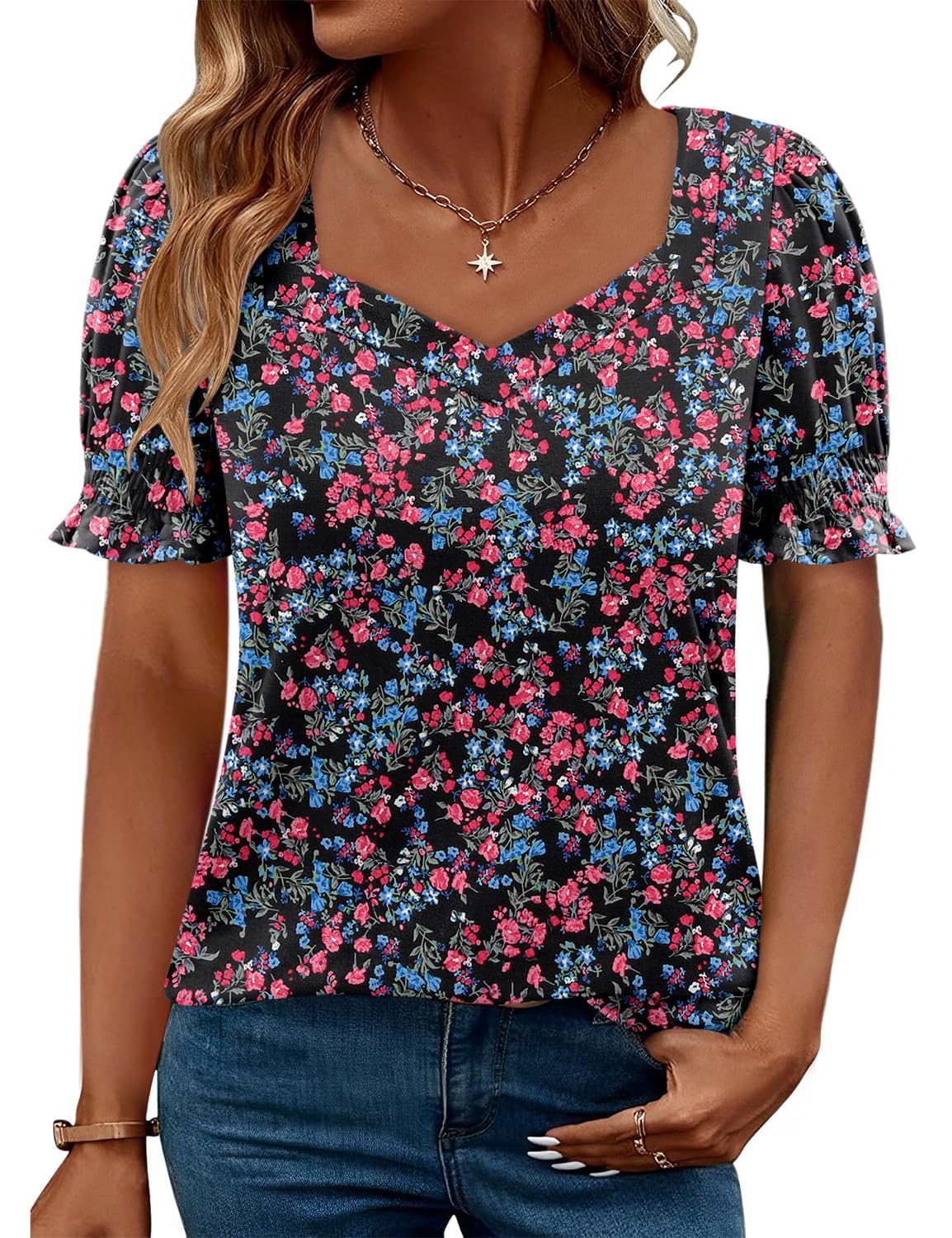 CRAZY GRID Womens Trendy Summer Tops Puff Sleeve Loose Fit Shirts Dressy Casual Blouses