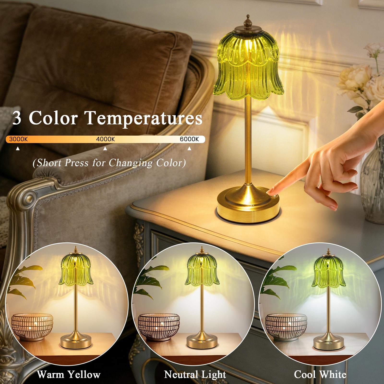 Retro Rose Tischlampe Kabellos, Wiederaufladbar mit 6000mAh Akku, 3 Farbtemperaturen Dimmbar, Tragbare LED-Tischlampe für Esszimmer, Schlafzimmer,Bartheke(Smaragdgrün)