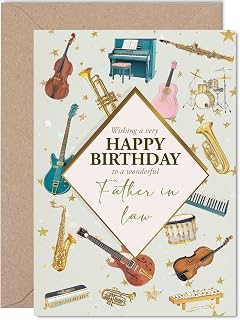 Father in Law Birthday Card - Music Lover - Happy Birthday Card for Father in Law from Son Daughter, 5x7 Inch Bass Acoustic Electric Guitar Bday Greeting Cards