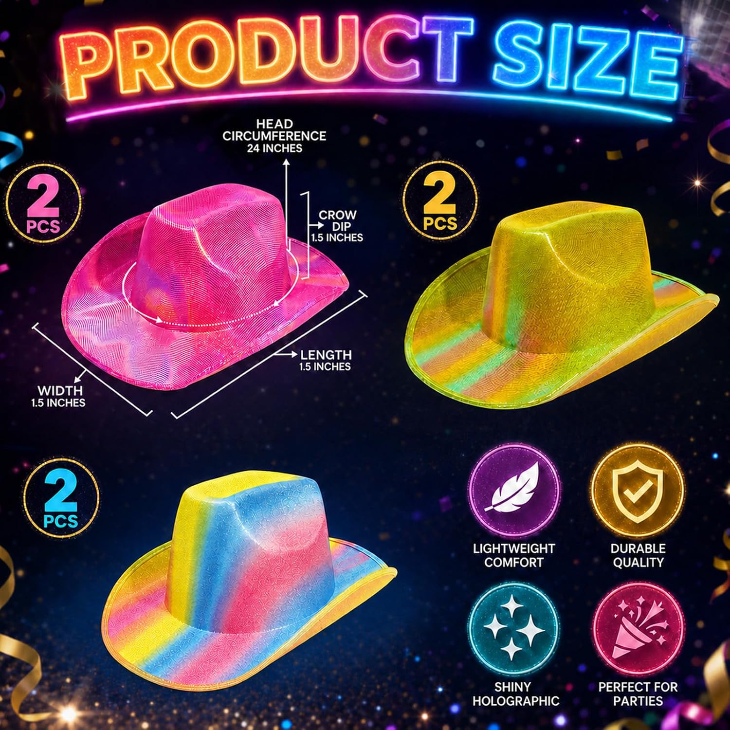 6Pcs Space Cowgirl Hat Set Neon Sparkly Cowboy Hats Pink Yellow Party | Holographic Pink Yellow Cowboy Hats Space Cowgirl Western Party Rave Disco Festival Concert Costume Photo Outfit