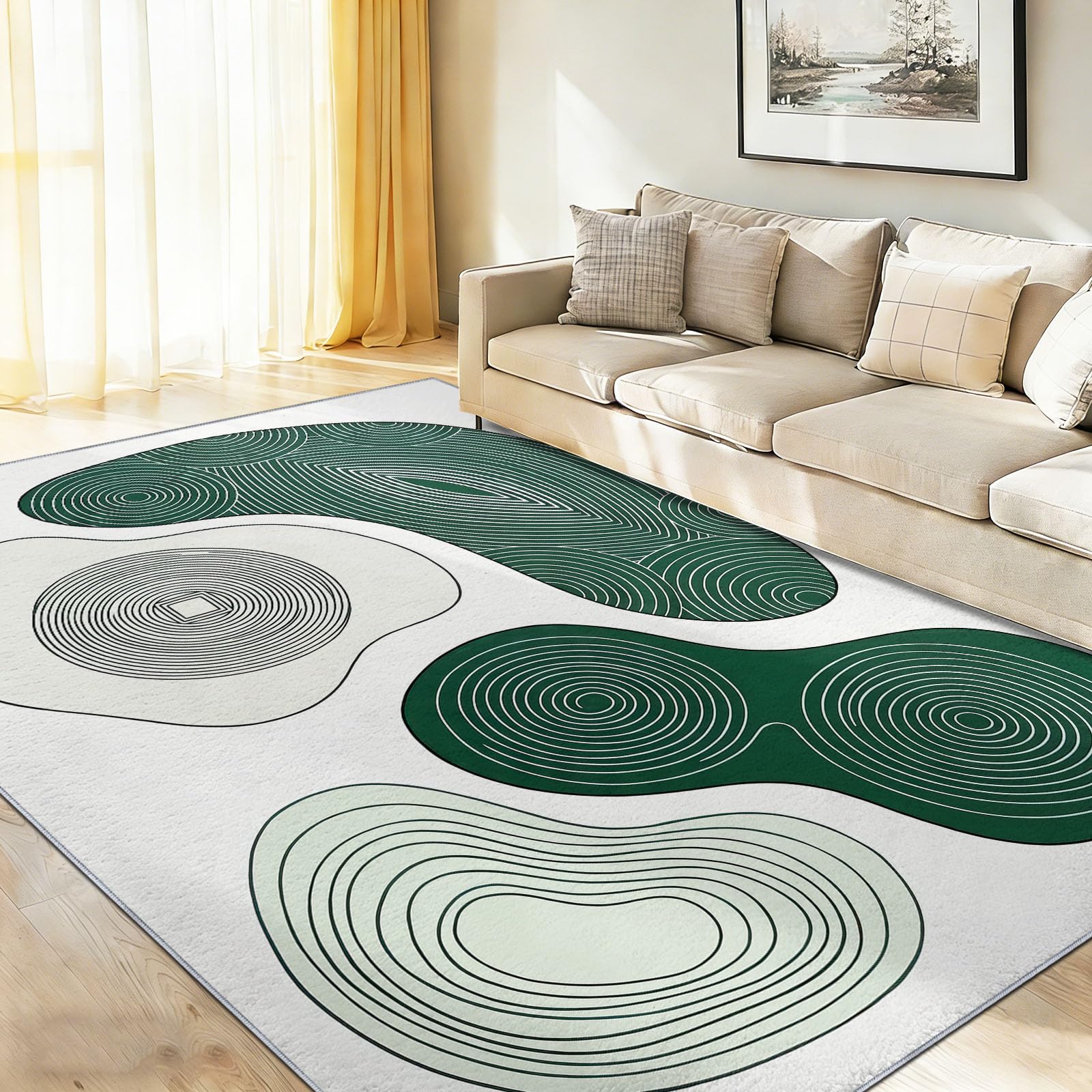 Konzentrische Ringtextur Kinderzimmer Teppich, Modern Abstrakt Stil, Deko-Teppiche für Wohnzimmer Esszimmer Schlafzimmer Küche, 80 x 150 cm Weiß Grün