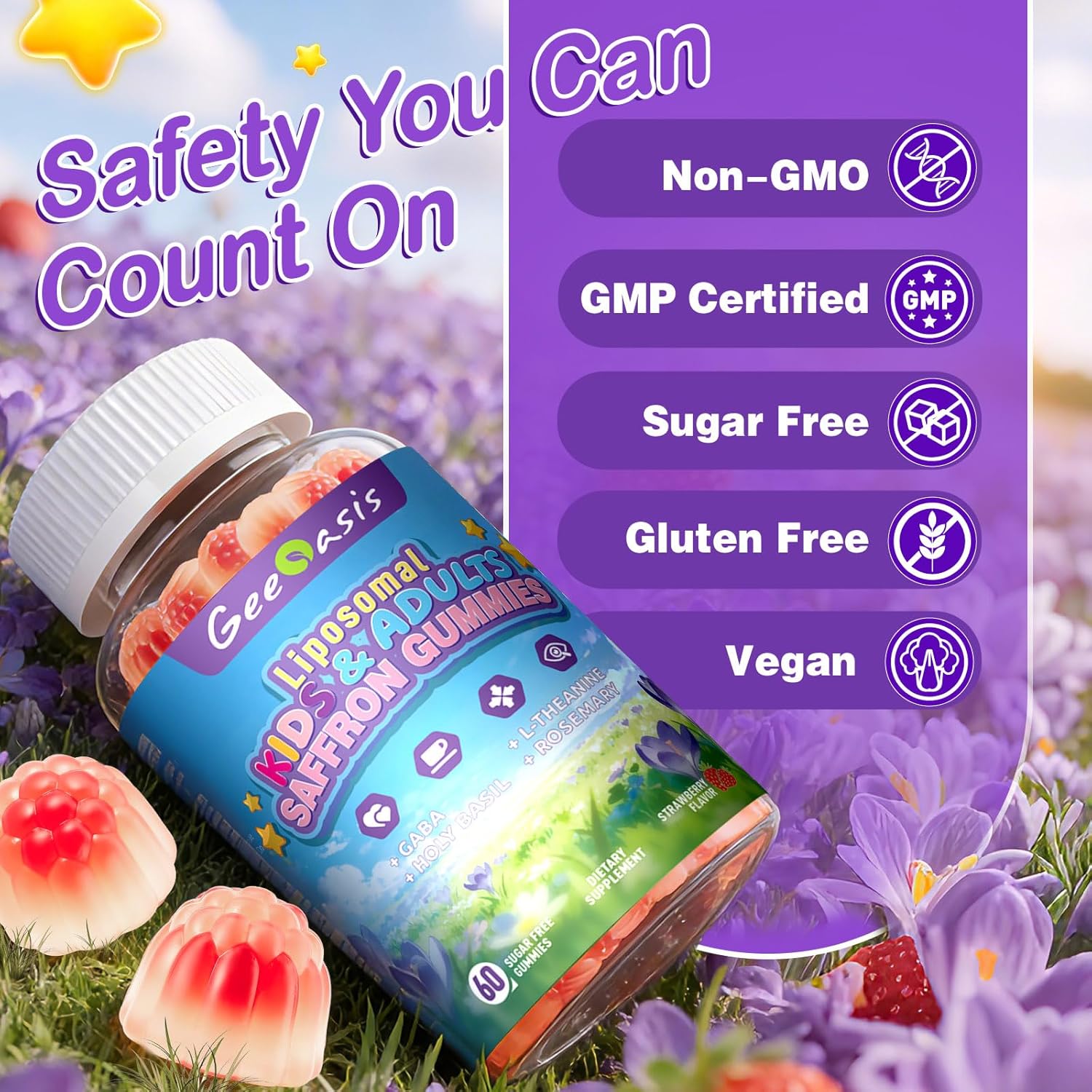 Liposomal Saffron with Magnesium Glycinate Gummies, Saffron Supplement for Kids & Adults, with Holy Basil Rosemary, L-Theanine, GABA, Omega-3 & Vitamins, Focus & Brain Support, Relaxation, 60Ct