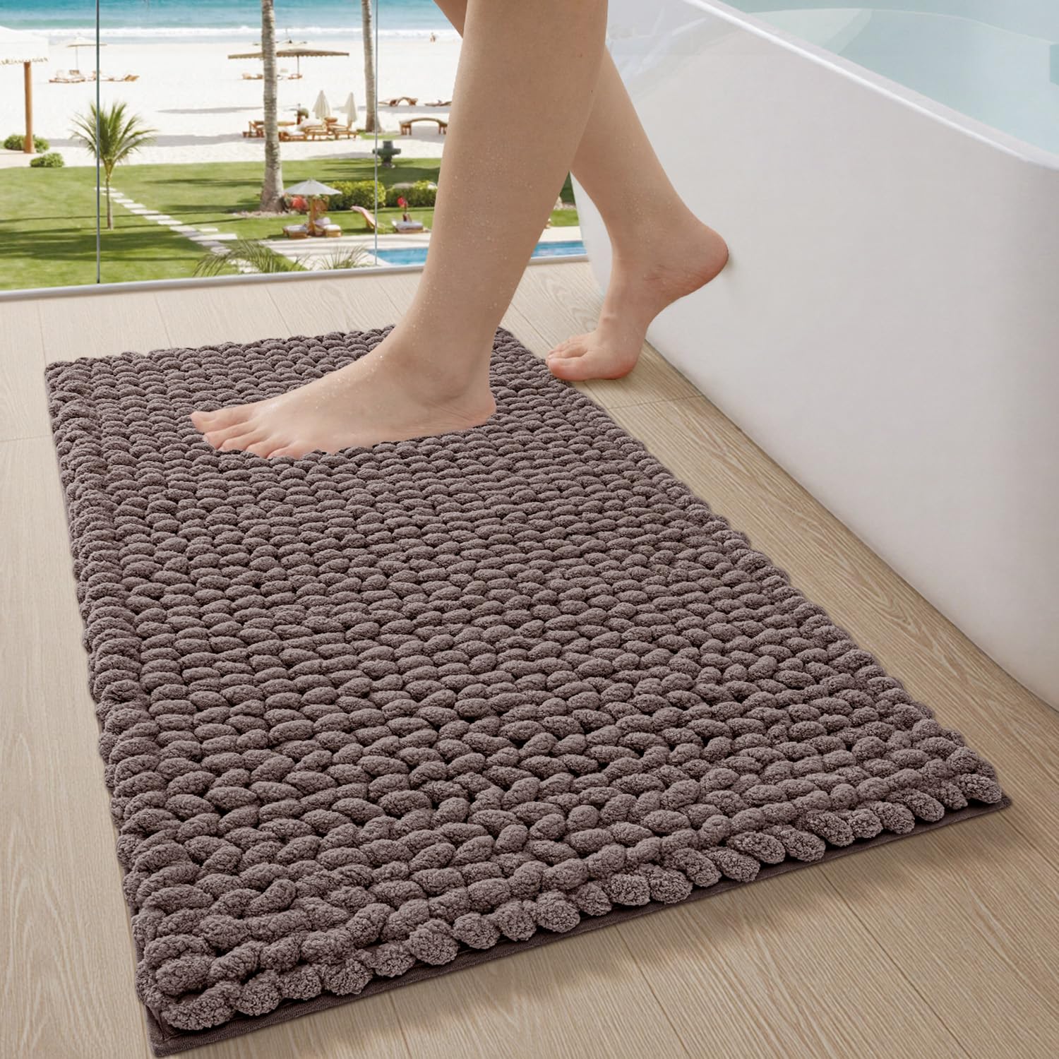 LUMI Luxury Chenille Bath Mat, Ultra Soft Non Slip Thick Bathroom Rug, Machine Washable Quick Dry Rugs, Cozy Braid Design Floor Mat for Bathtub, Sink, Laundry, Brown, 60x110cm