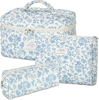 senbowe Floral Makeup Bag, 3 Pack Large Cotton Quilted Makeup Bag Set, Cute Floral Coquette Aesthetic Toiletry Bag Make Up Cosmetic Bag for Women, Toiletry Travel Make Up Organizer Bag